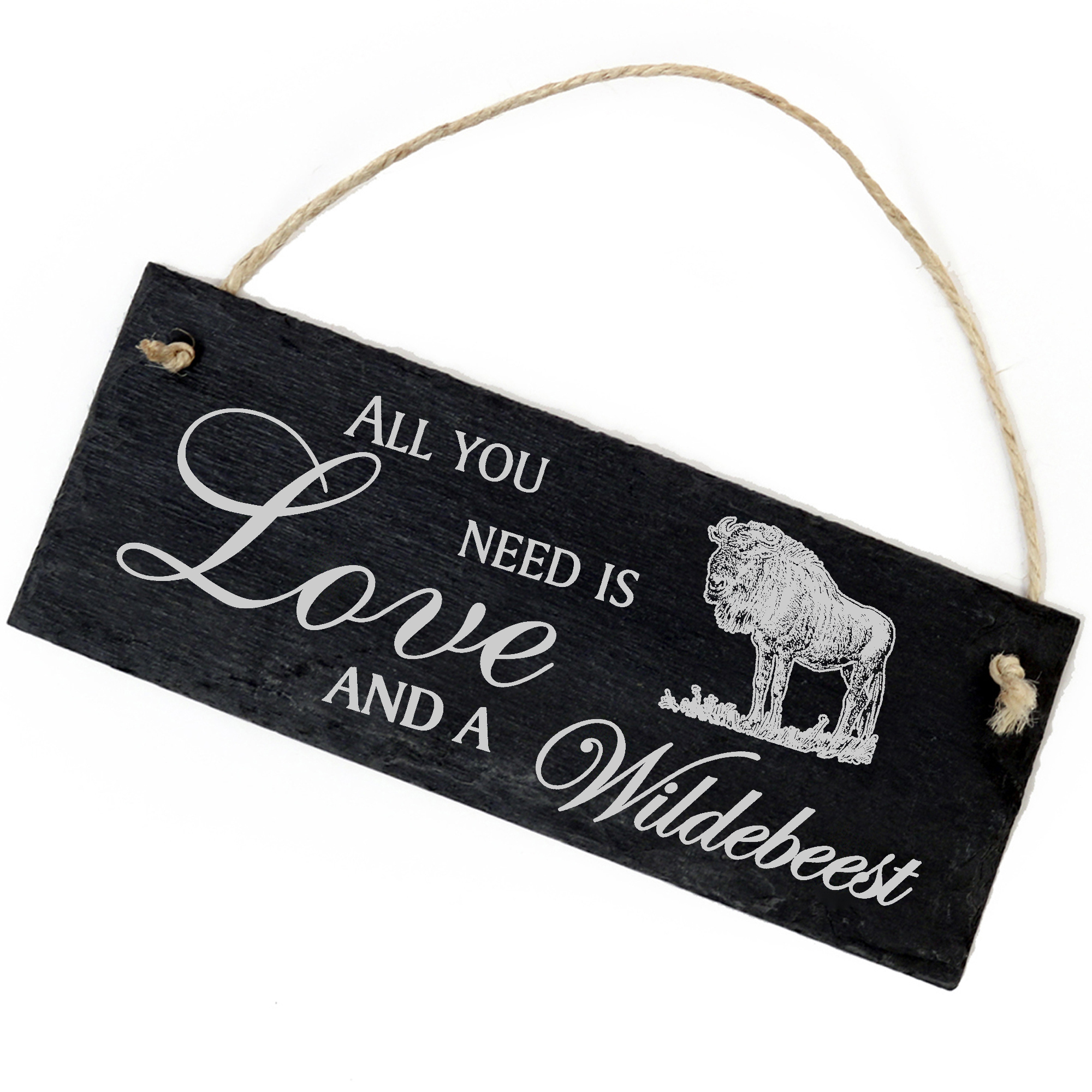 Schiefertafel Deko Gnu Schild 22 x 8 cm - All you need is Love and a Wildebeest