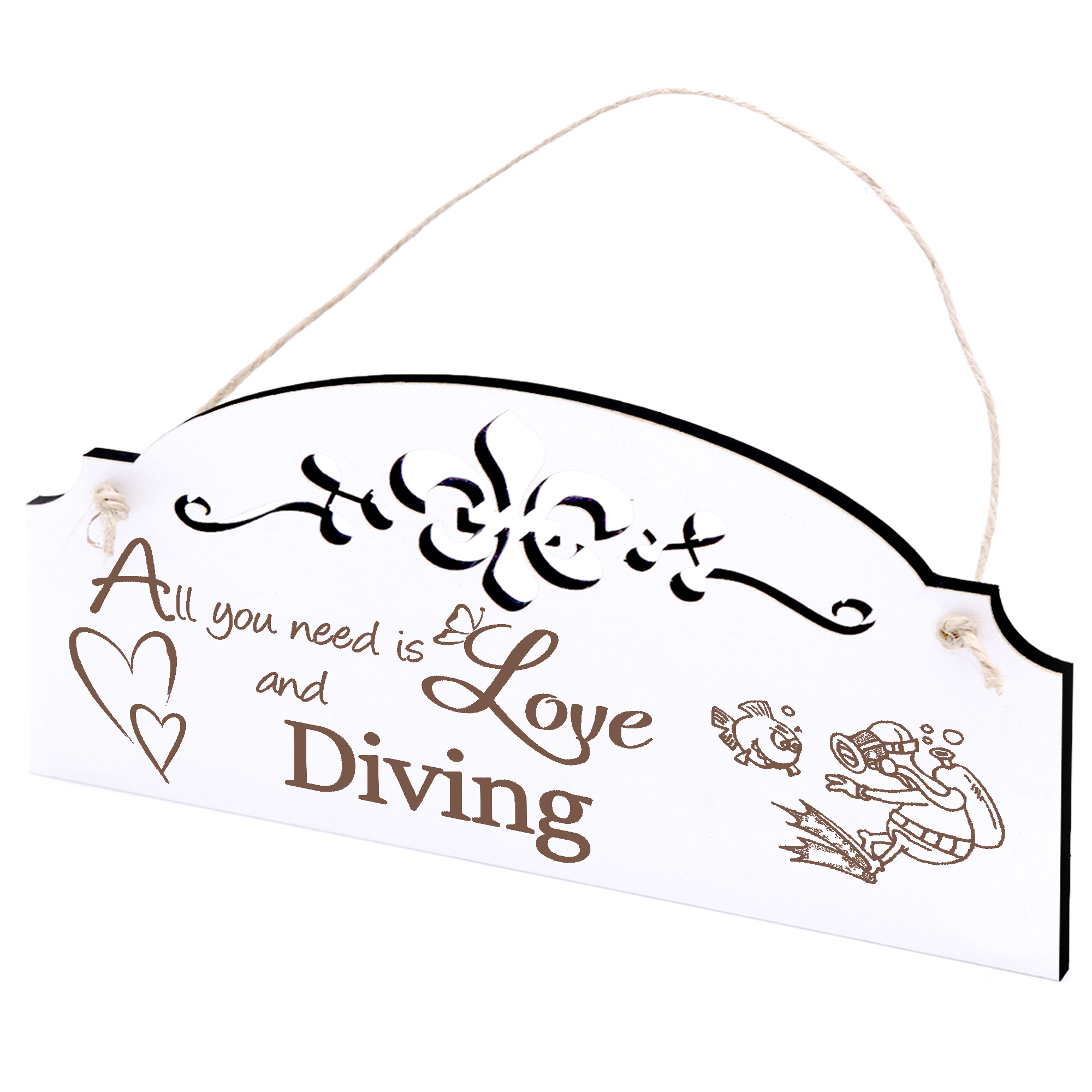 Schild Taucher mit Fisch Deko 20x10cm - All you need is Love and Diving - Holz