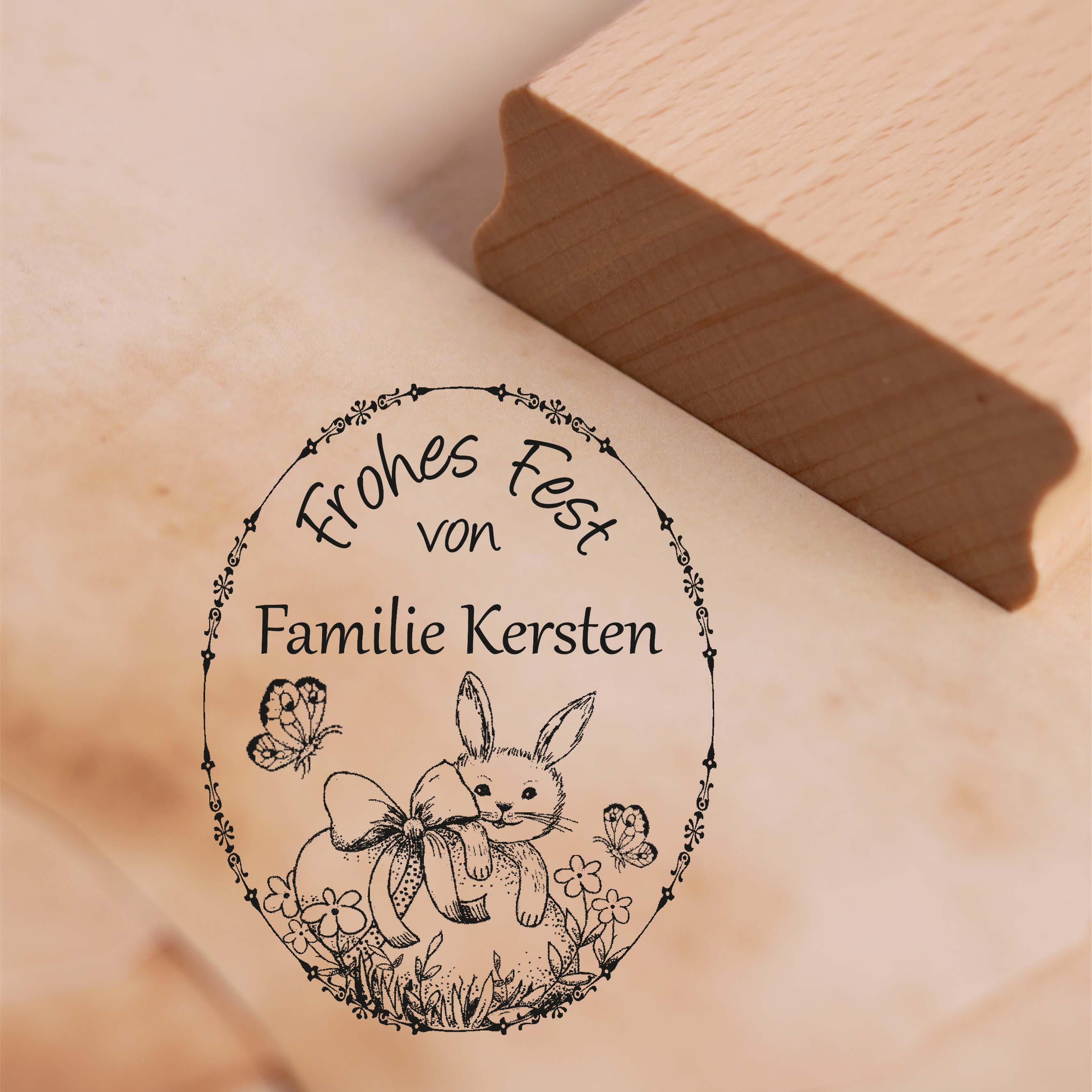 Motivstempel Frohes Fest von - personalisiert mit Name - Osterei mit Osterhase Stempel 38 x 48 mm