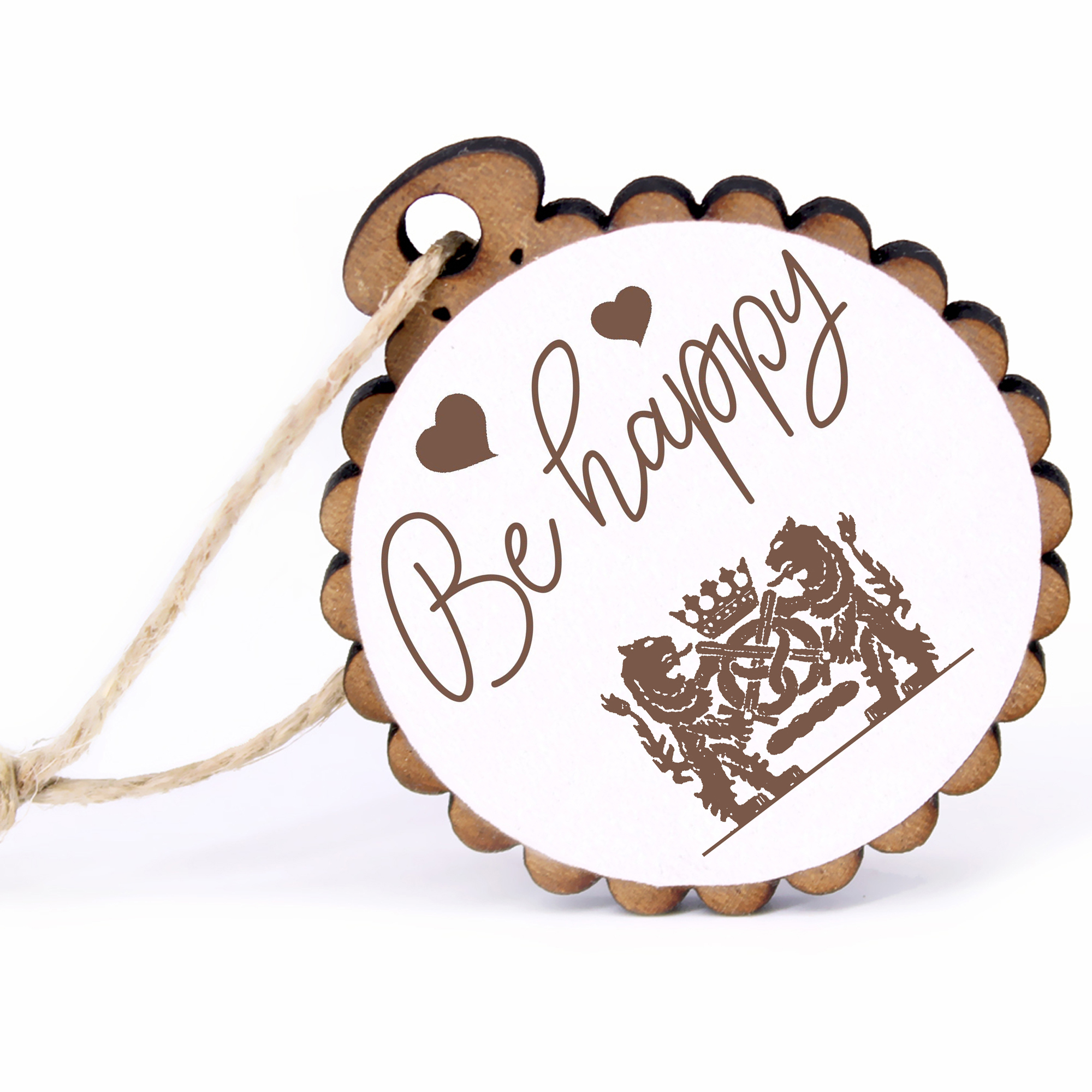 Geschenkanhänger - Be Happy Bäcker -  Holz Ø-5cm - mit Juteband