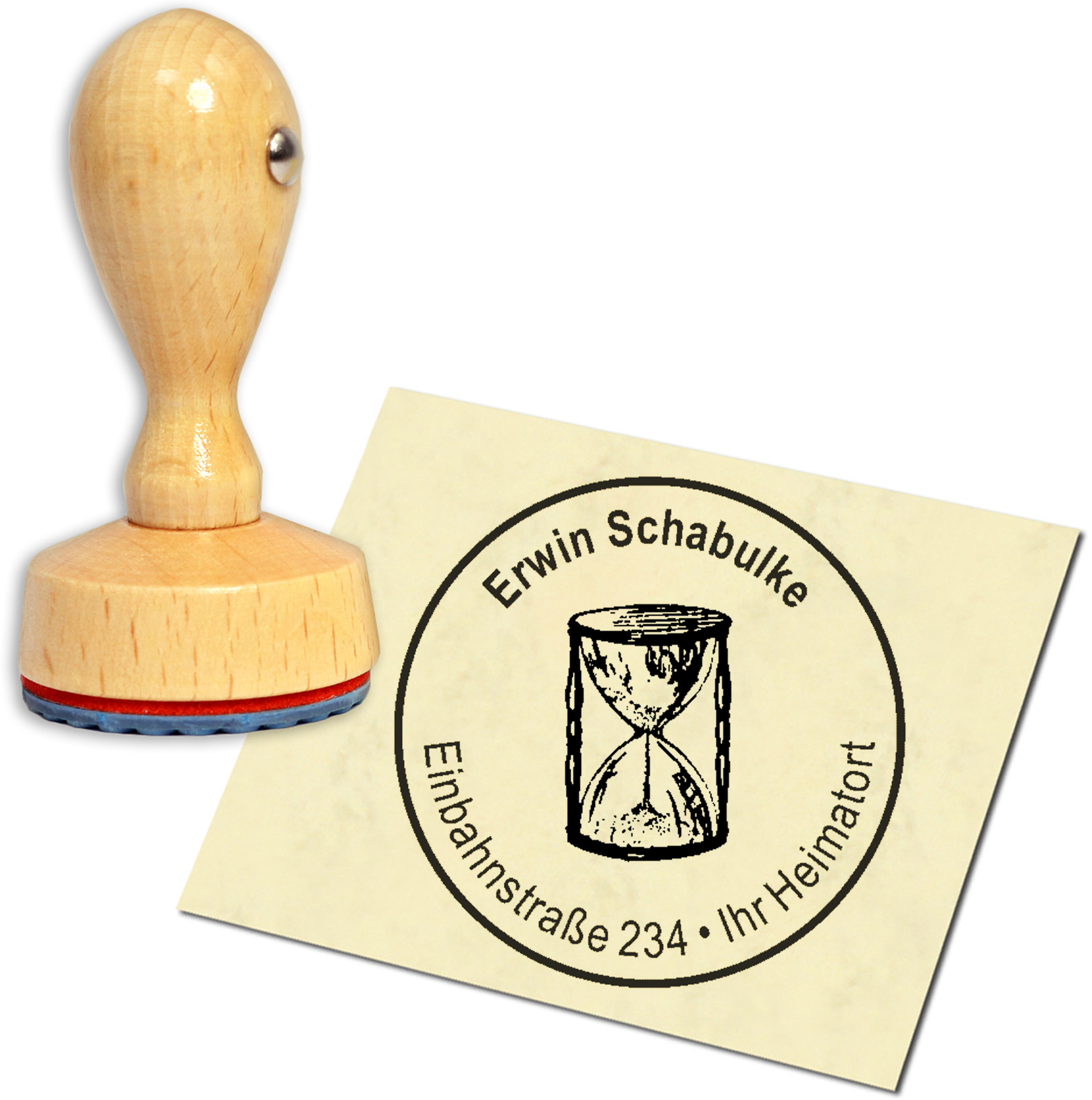 Stempel Adressstempel Holzstempel - Sanduhr - rund 40mm