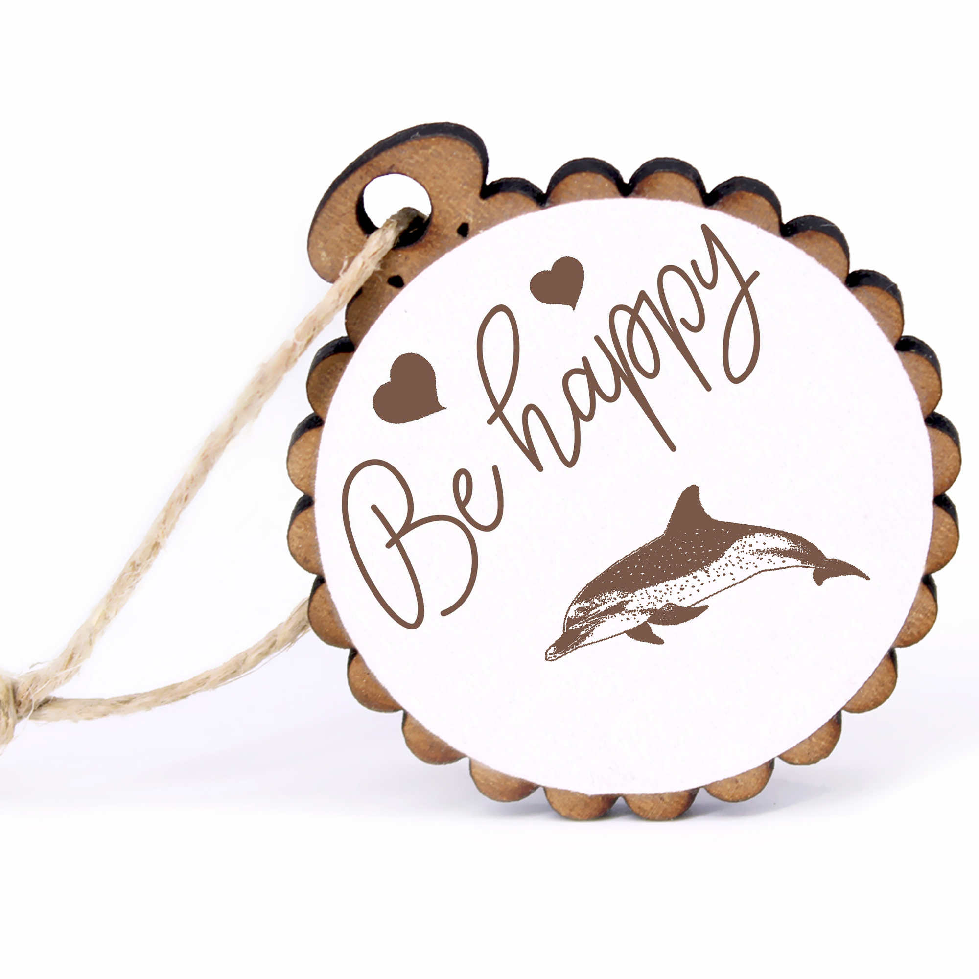 Geschenkanhänger - Be Happy dunkler Delfin -  Holz Ø-5cm - mit Juteband