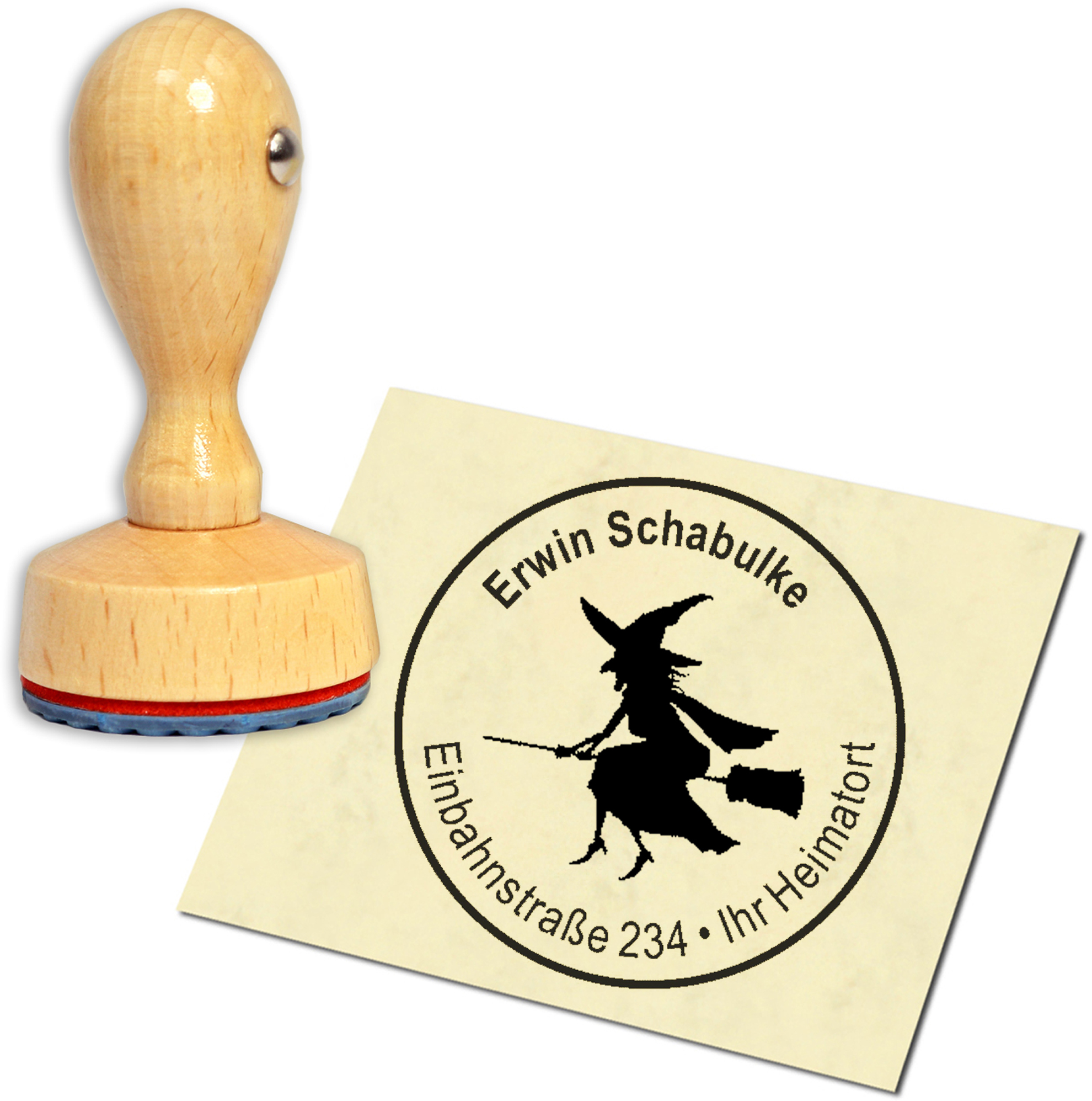 Stempel Adressstempel Holzstempel - Hexe auf Besen - rund 40mm