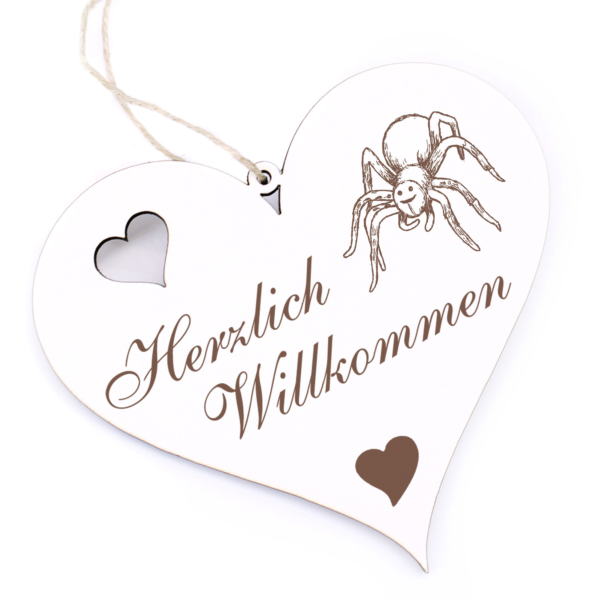 Herzlich Willkommen Schild - Spinne Hell - Deko Herz Holz