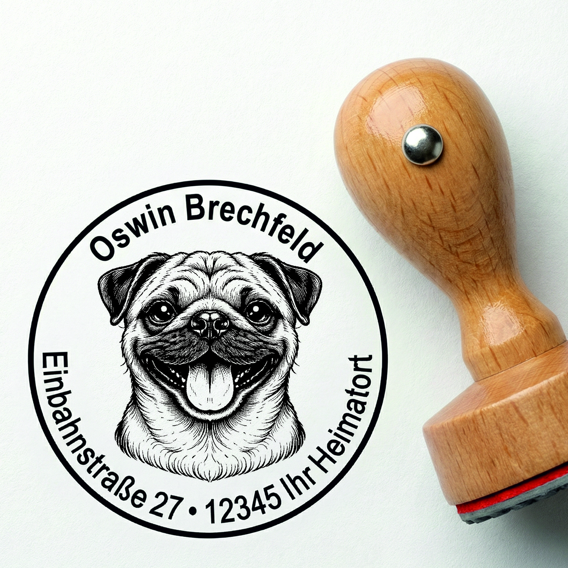 Stempel Mops personalisiert – Hund Holzstempel mit Name & Adresse
