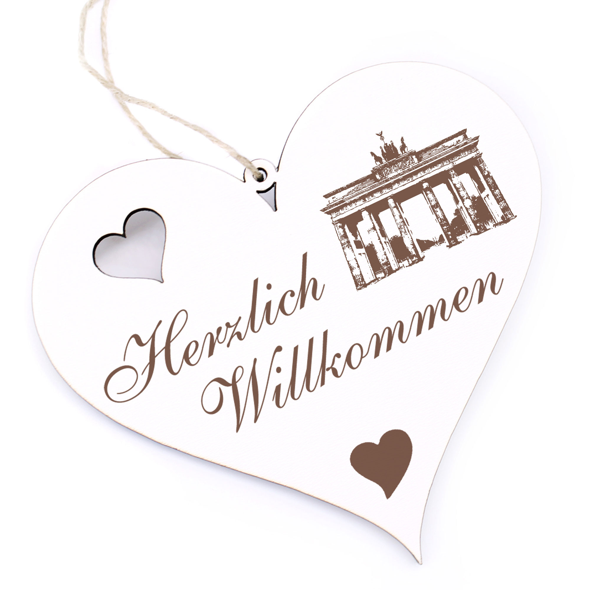 Herzlich Willkommen Schild - Brandenburger Tor Berlin - Deko Herz Holz