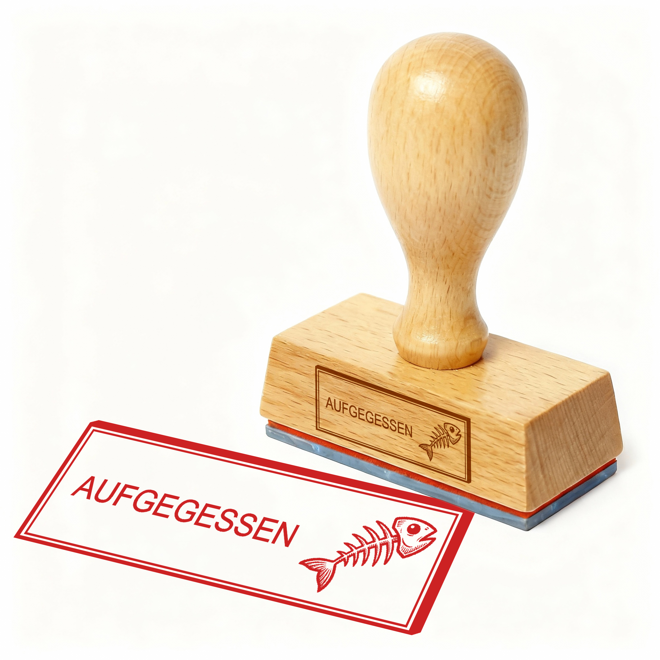 Bürostempel AUFGEGESSEN Fischgräte Stempel – Holzstempel 48x18 mm für Dokumente - Mittag vorbei, Pause beendet