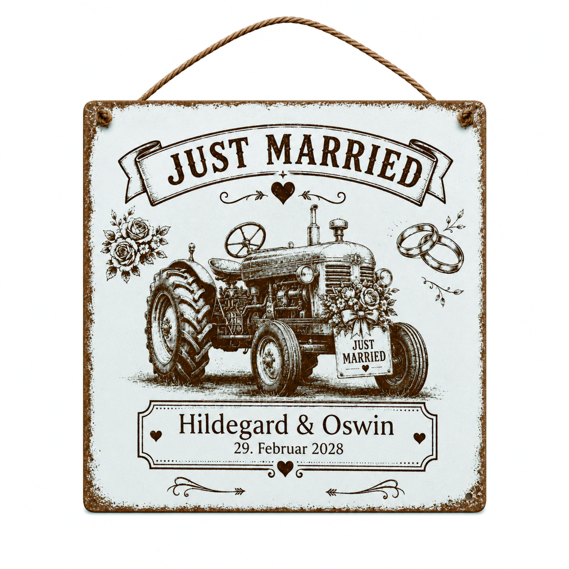 Personalisiertes Hochzeitsschild Traktor Hochzeit Just Married - mit Namen und Datum - 15x15 cm