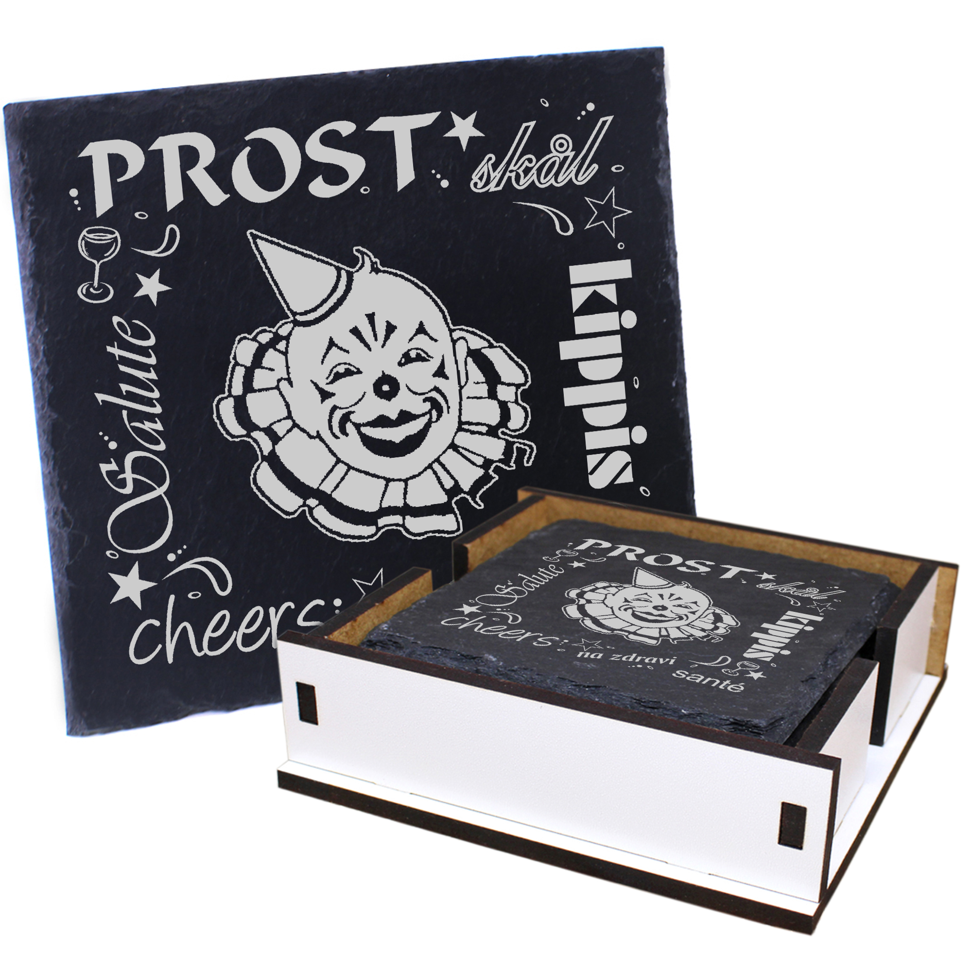 5 x Schiefer Untersetzer - Prost Clown - inkl. Holzbox & Flaschenuntersetzer