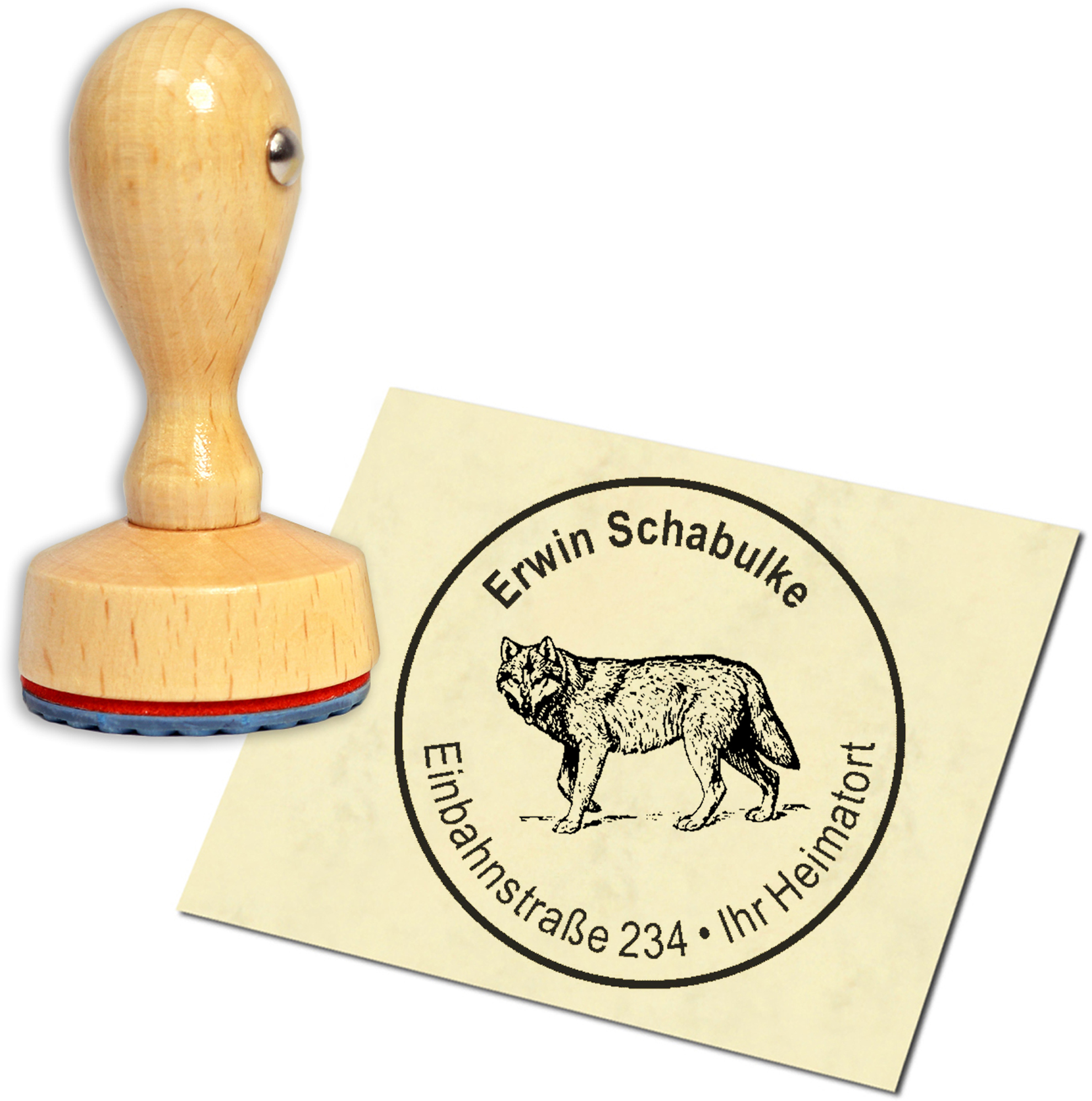 Stempel Adressstempel Holzstempel - gehender Wolf - rund 40mm