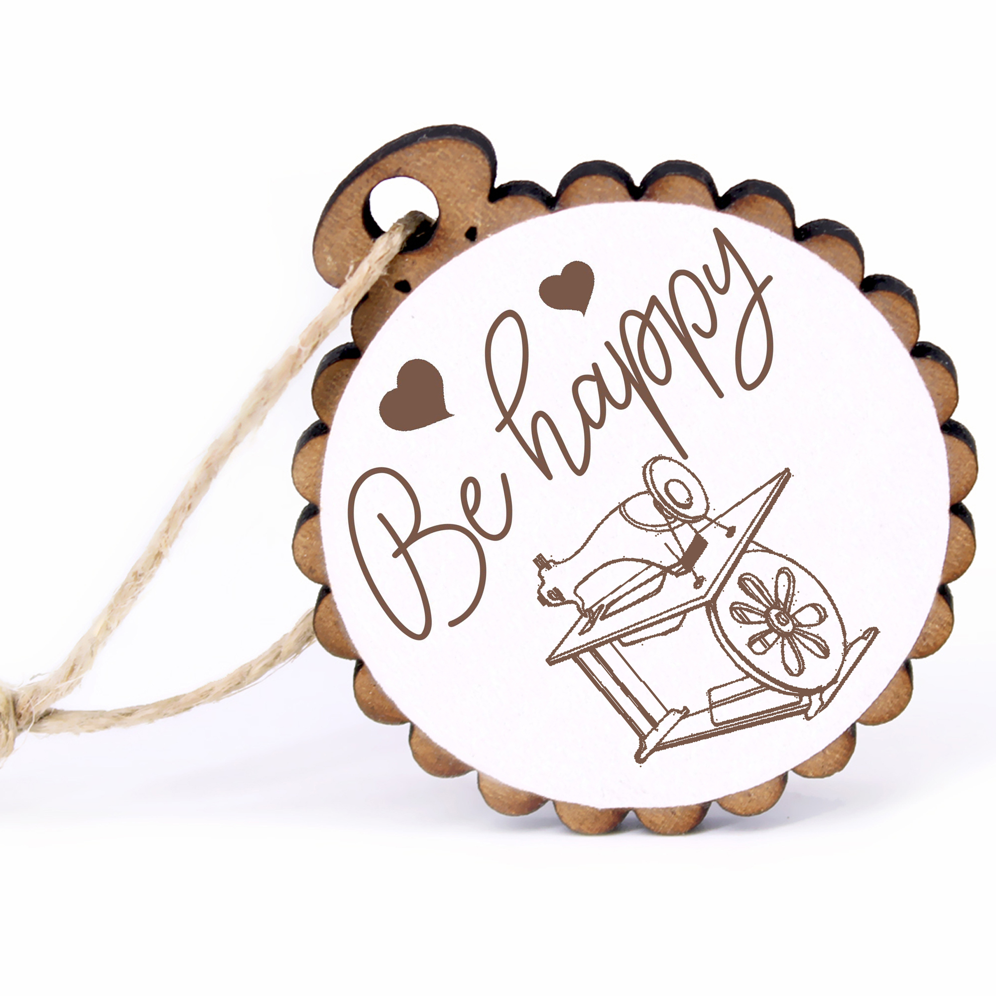 Geschenkanhänger - Be Happy alte Nähmaschine -  Holz Ø-5cm - mit Juteband