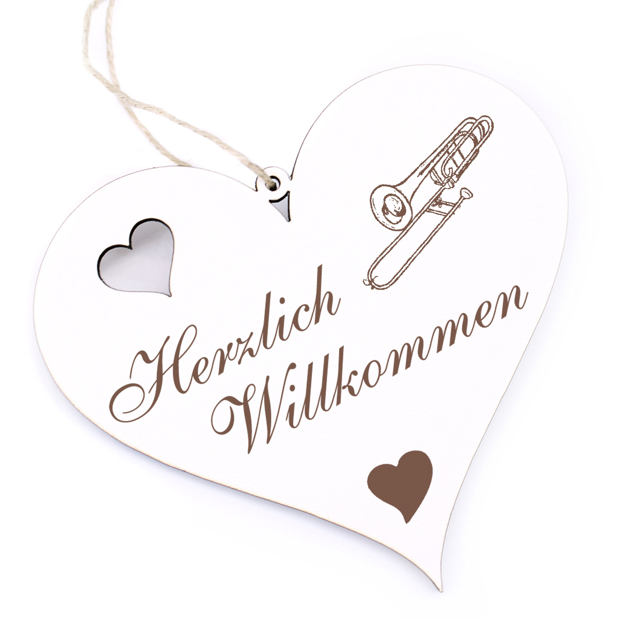 Herzlich Willkommen Schild - Posaune - Deko Herz Holz