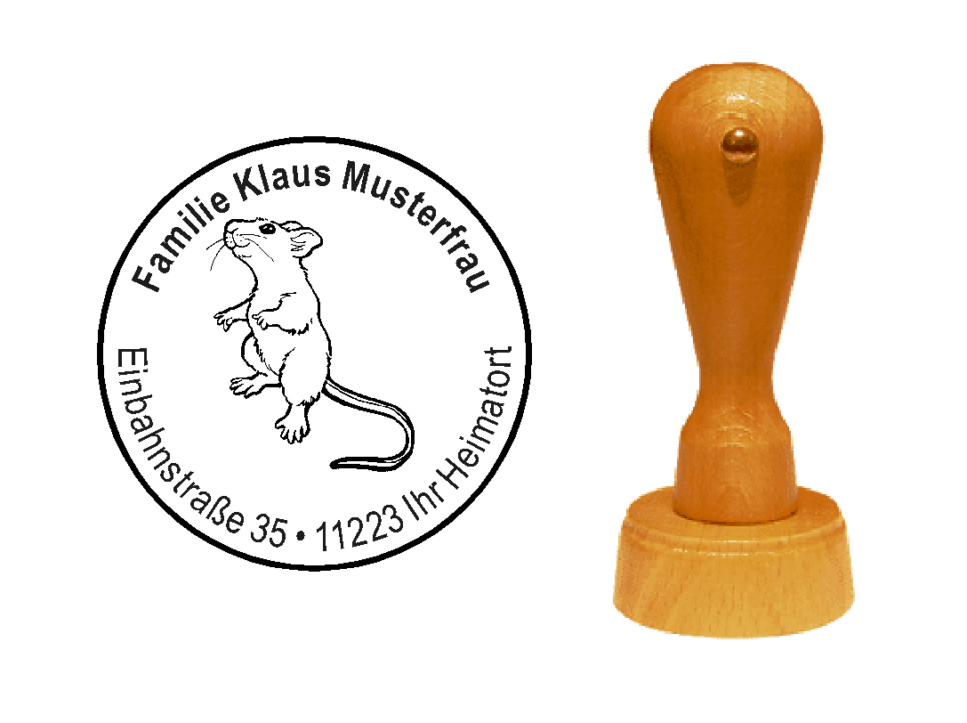 « Schnuppernde Maus » Holzstempel mit persönlichem Wunschtext