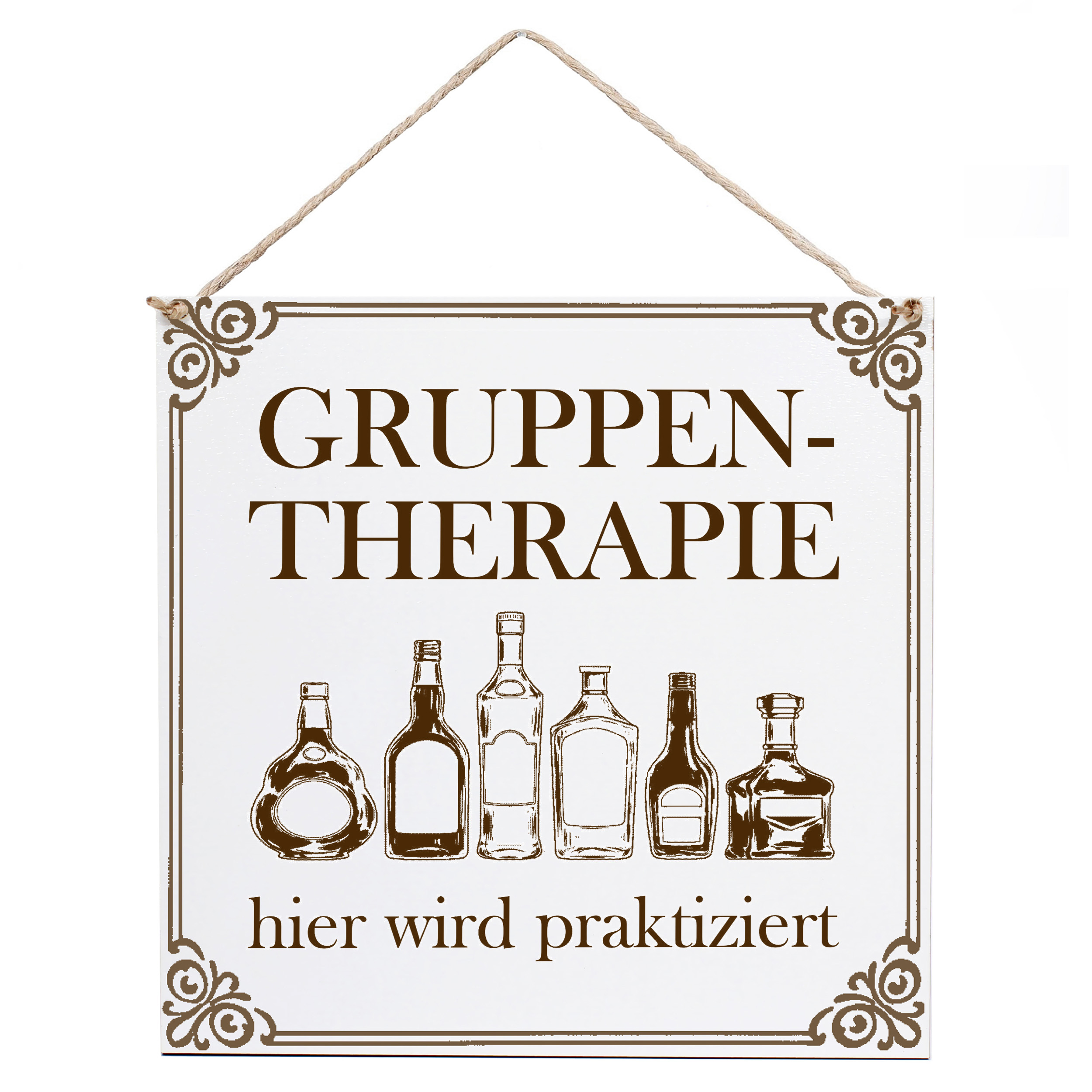 Dekoschild Gruppentherapie Alkohol 15×15 cm aus weißem HDF – Graviertes Spruchschild