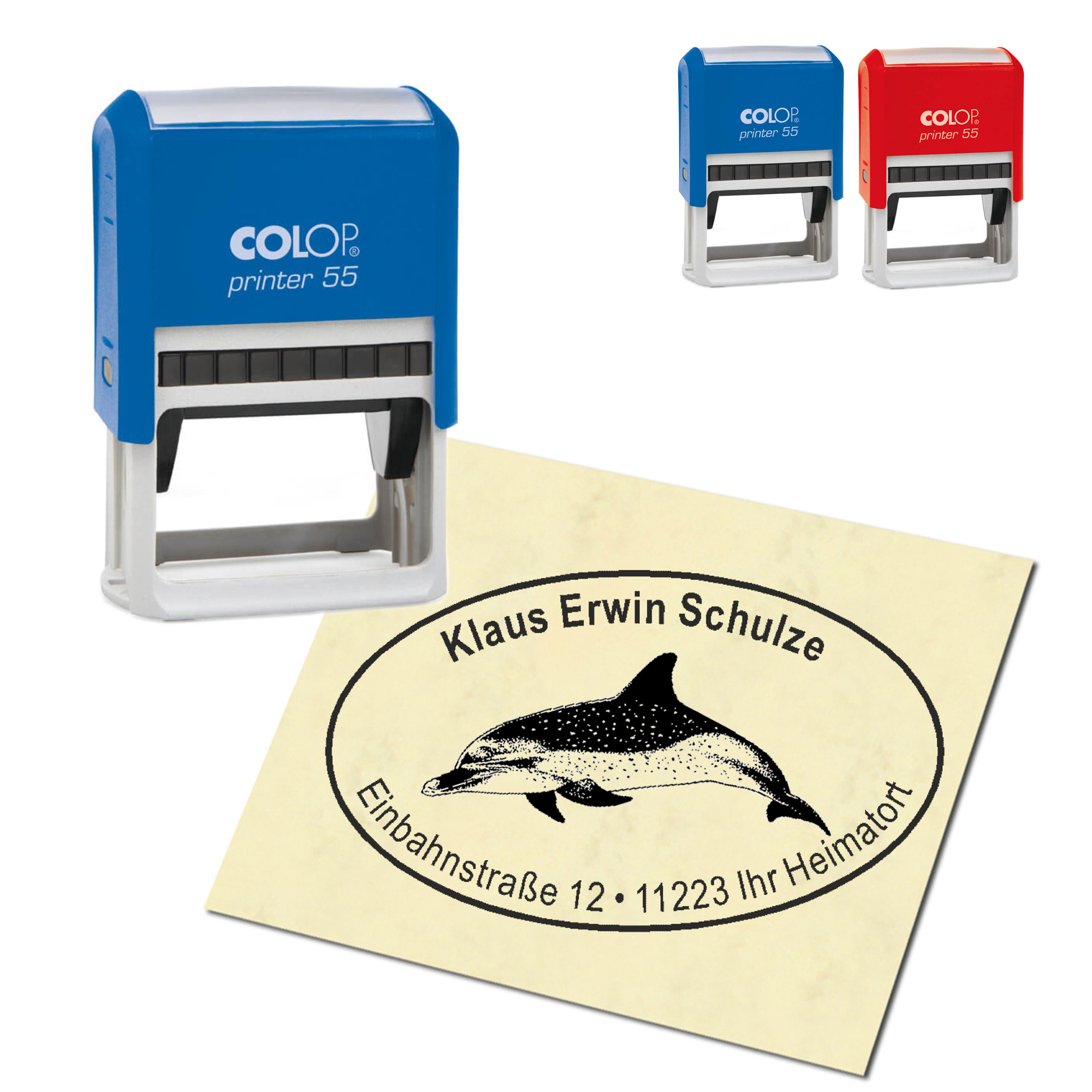 Adressstempel personalisiert Stempel - dunkler Delfin - oval 59 x 39 mm