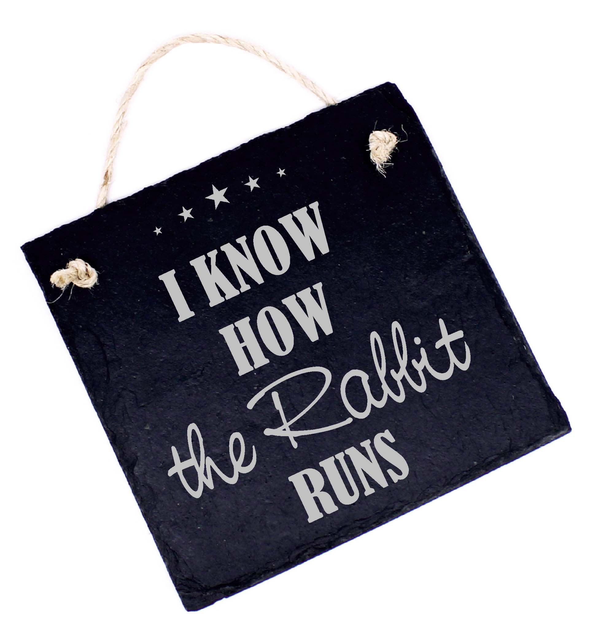 Denglisch Spruch Schild graviert I KNOW HOW THE RABBIT RUNS Türschild Schiefer 11x11cm
