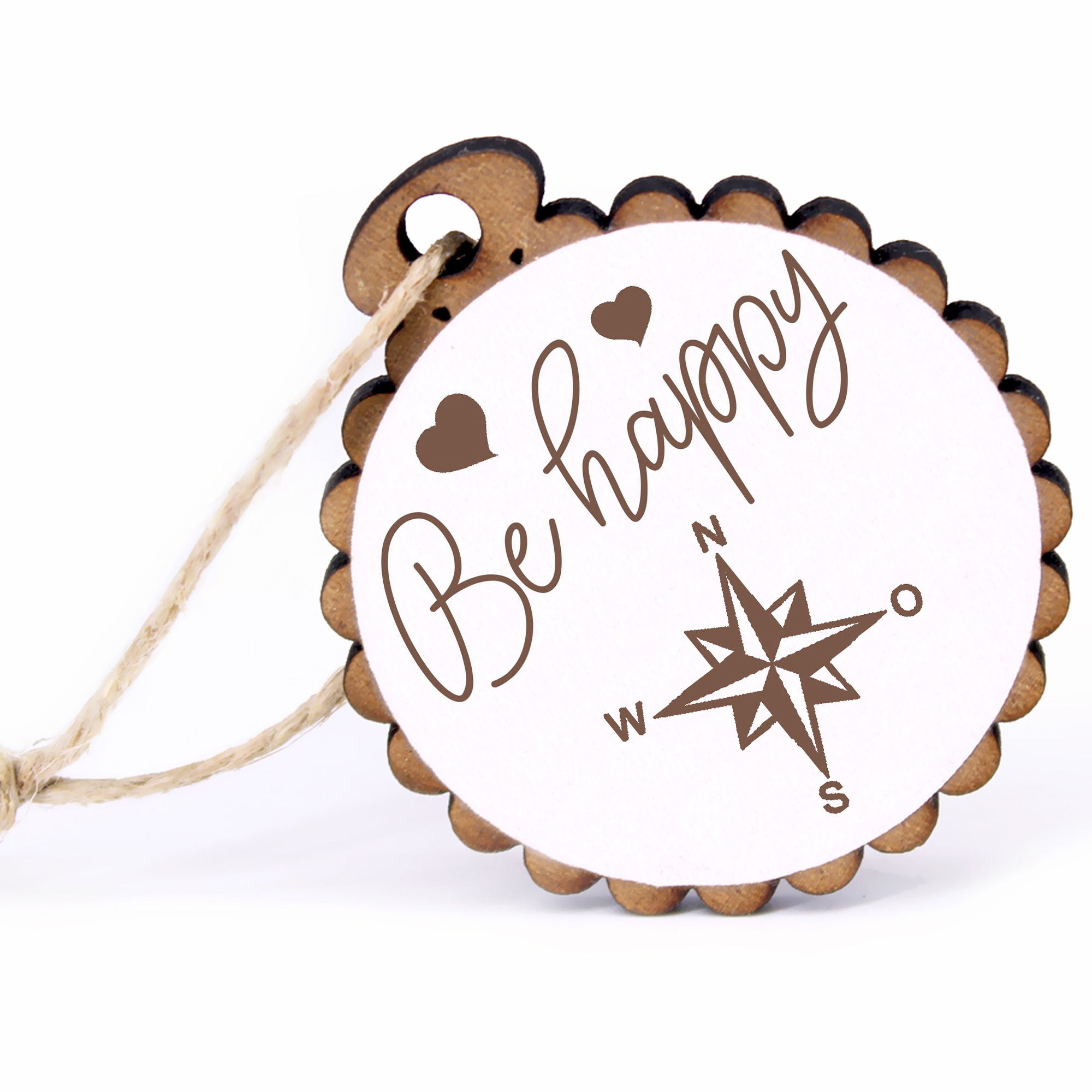 Geschenkanhänger - Be Happy Windrose -  Holz Ø-5cm - mit Juteband