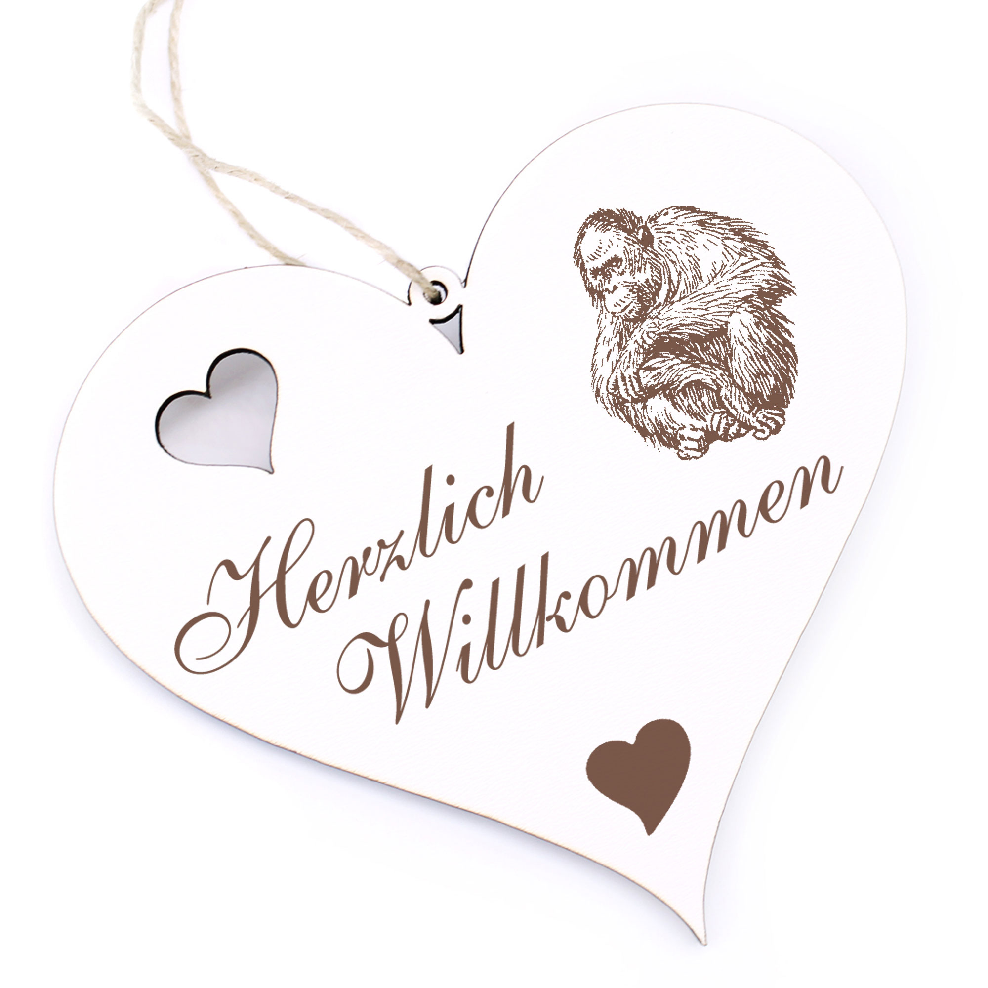 Herzlich Willkommen Schild - Affe - Deko Herz Holz