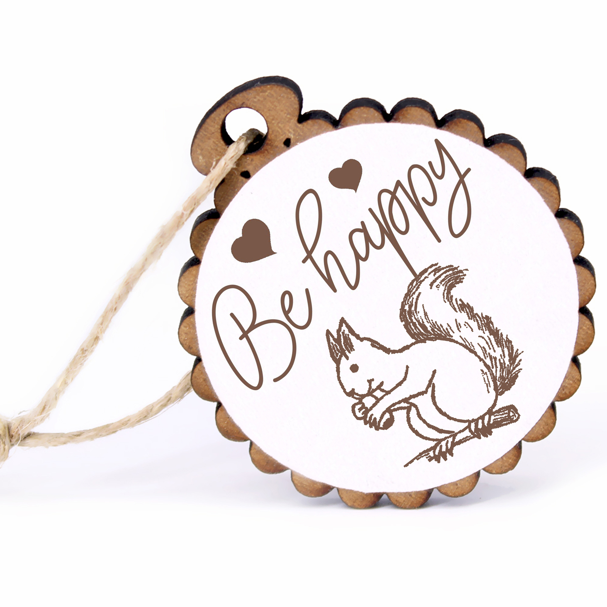 Geschenkanhänger - Be Happy Eichhörnchen mit Nuss -  Holz Ø-5cm - mit Juteband