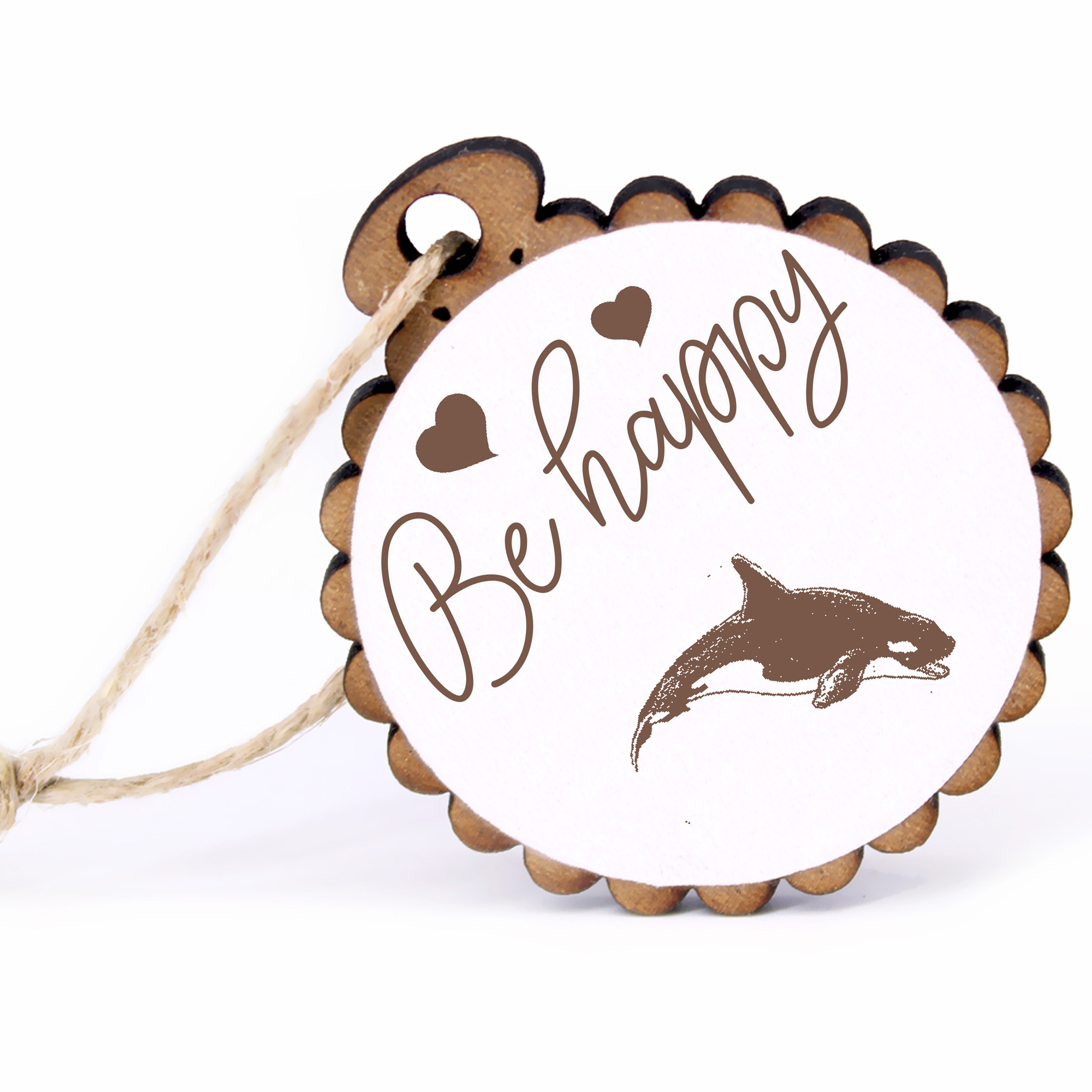Geschenkanhänger - Be Happy Orca Schwertwal -  Holz Ø-5cm - mit Juteband