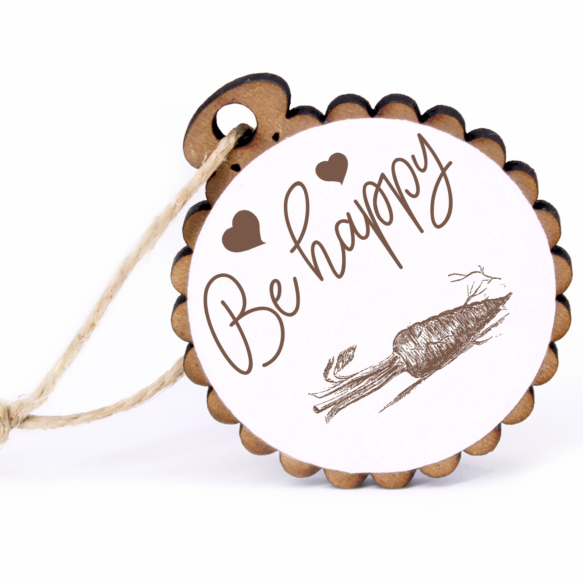 Geschenkanhänger - Be Happy Mohrrübe -  Holz Ø-5cm - mit Juteband