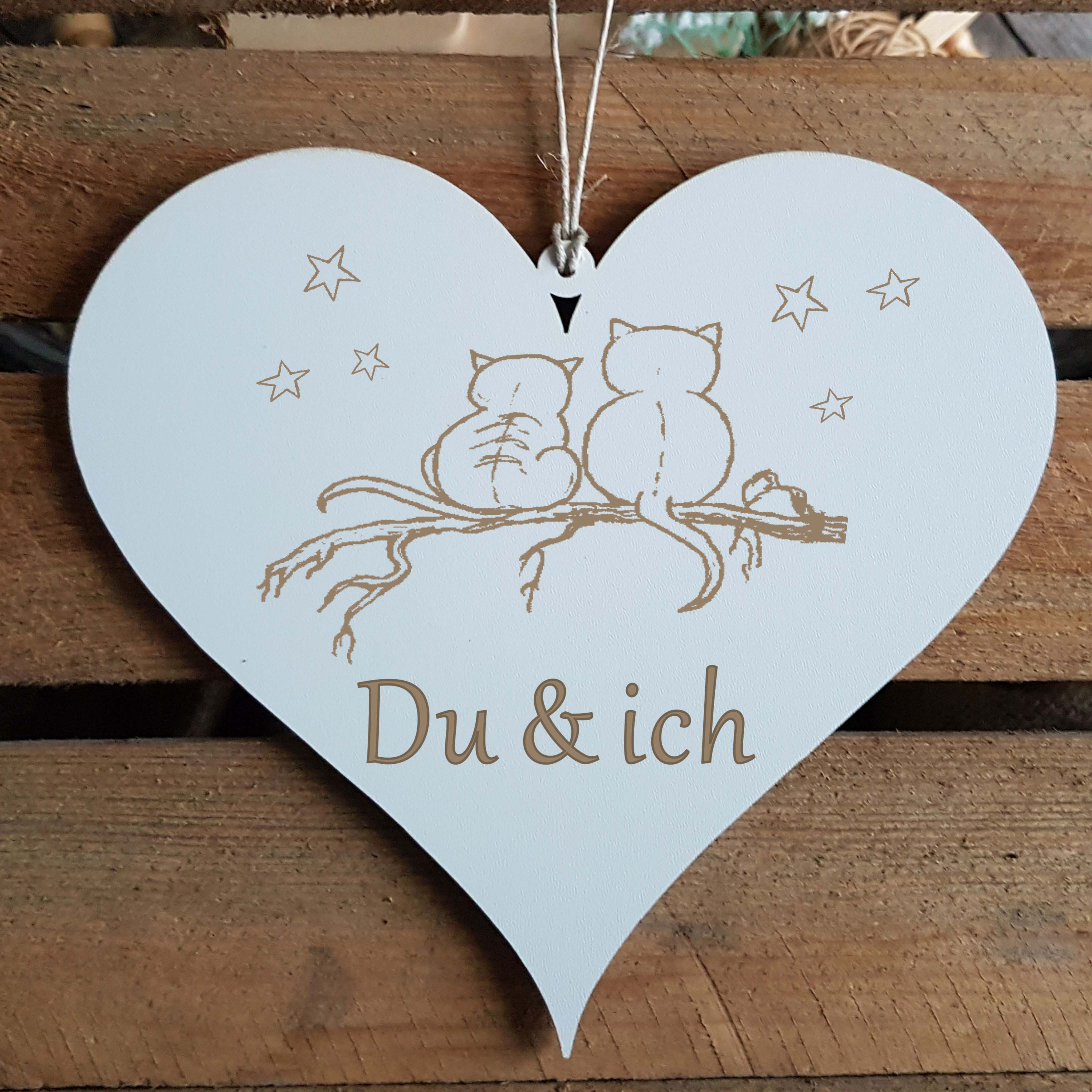 Herz Schild « DU & ICH » mit Motiv Katzen in der Nacht