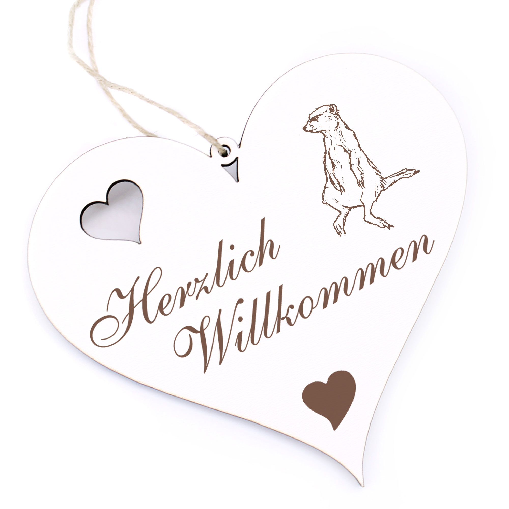 Herzlich Willkommen Schild - Erdmännchen - Deko Herz Holz