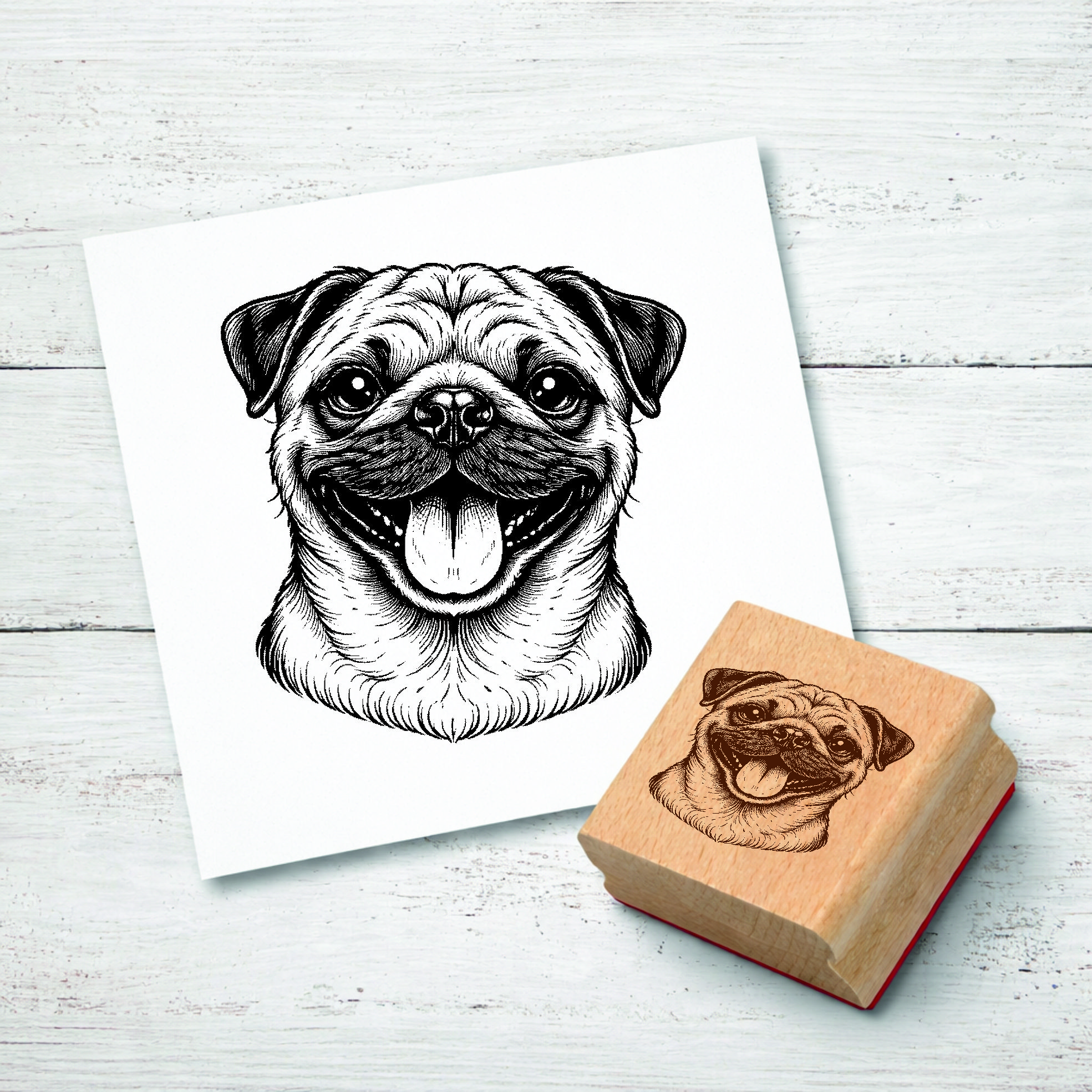 Motivstempel Mops Hund - Stempel mit Hundemotiv - Holzstempel Abdruck 47 x 48 mm