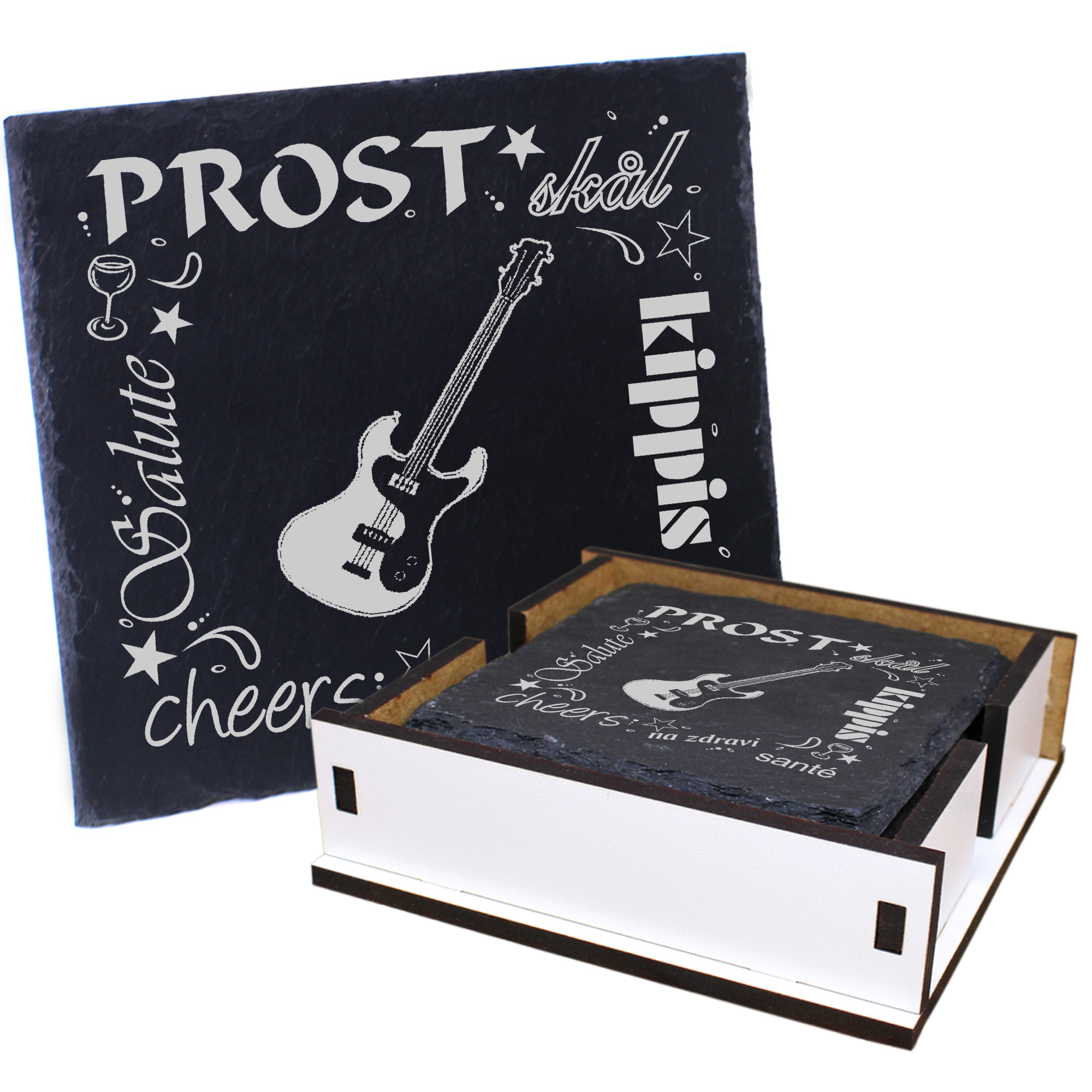 5 x Schiefer Untersetzer - Prost Bassgitarre - inkl. Holzbox & Flaschenuntersetzer