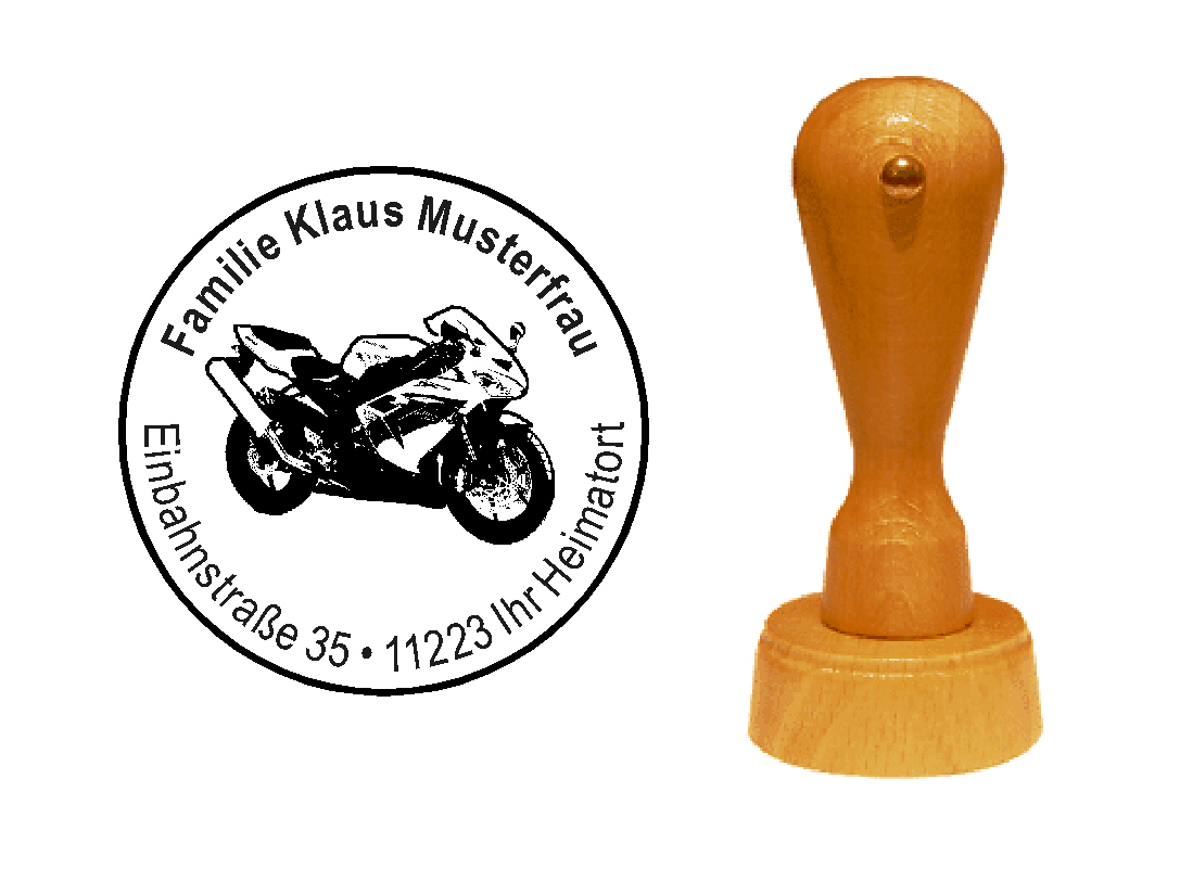« Motorrad 3 » Holzstempel mit persönlichem Wunschtext