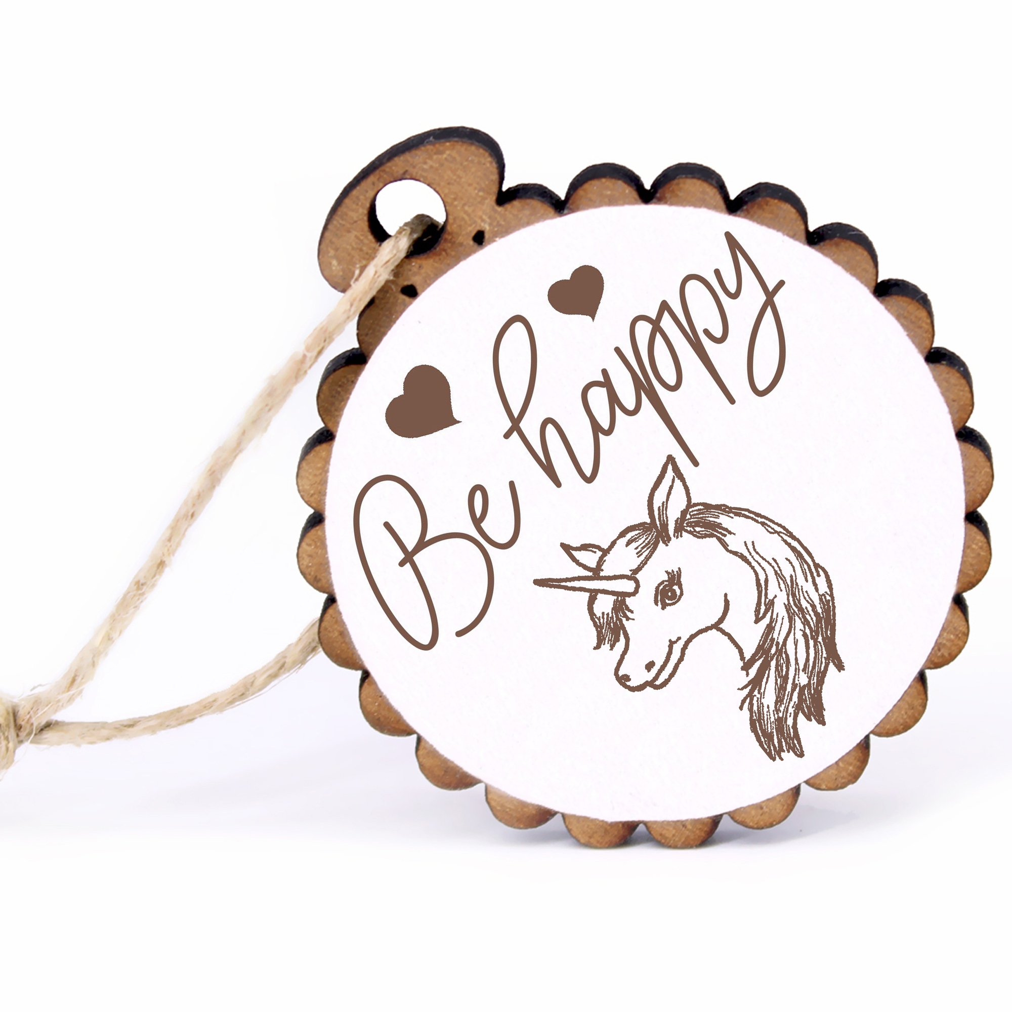 Geschenkanhänger - Be Happy Einhornkopf -  Holz Ø-5cm - mit Juteband