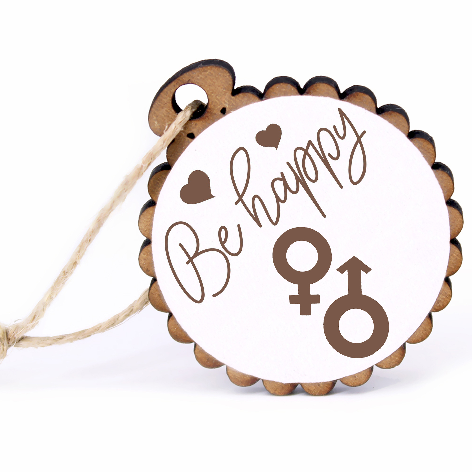 Geschenkanhänger - Be Happy Mann und Frau Symbol -  Holz Ø-5cm - mit Juteband