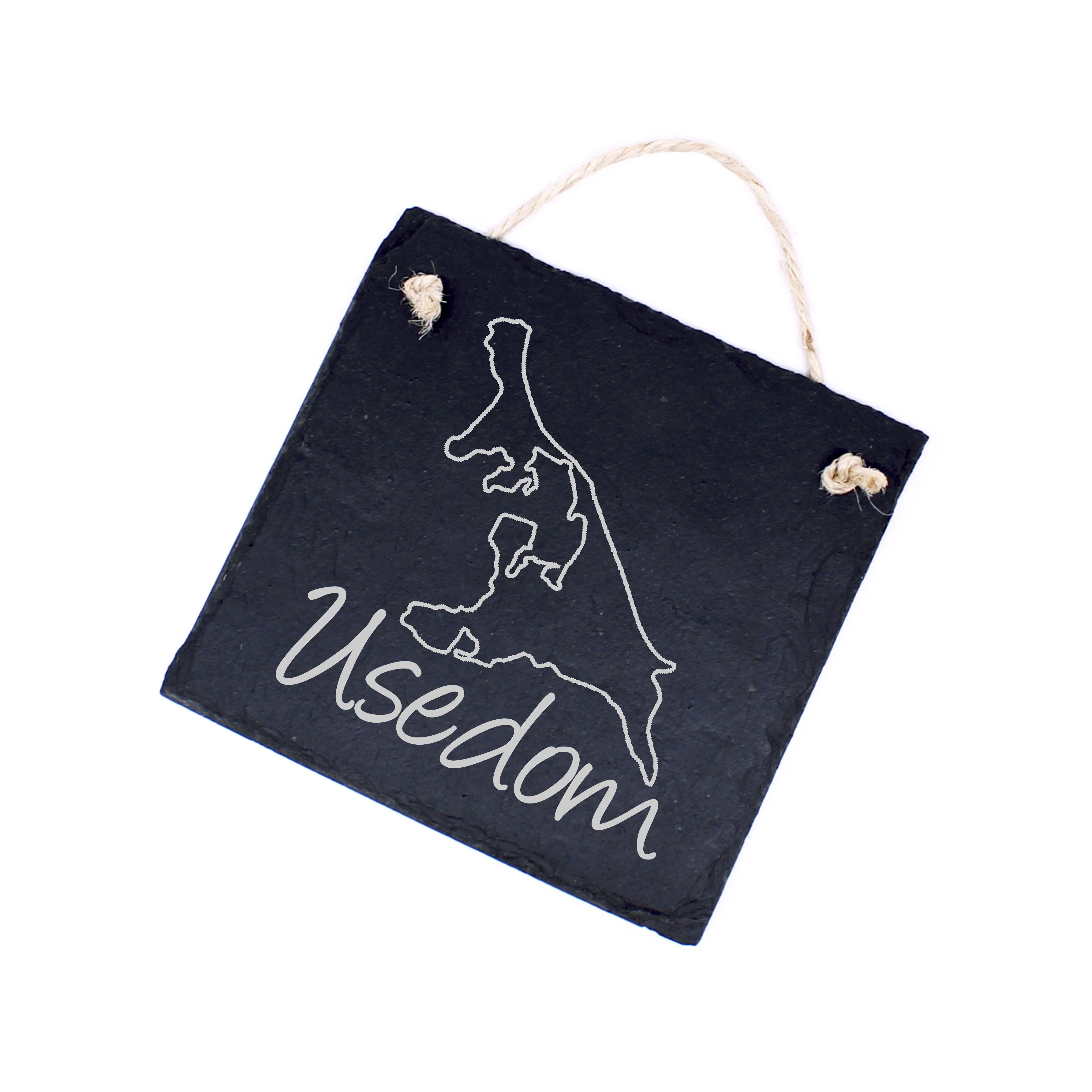 Kleine Schiefertafel Usedom - mit Insel Motiv 11 x 11 cm