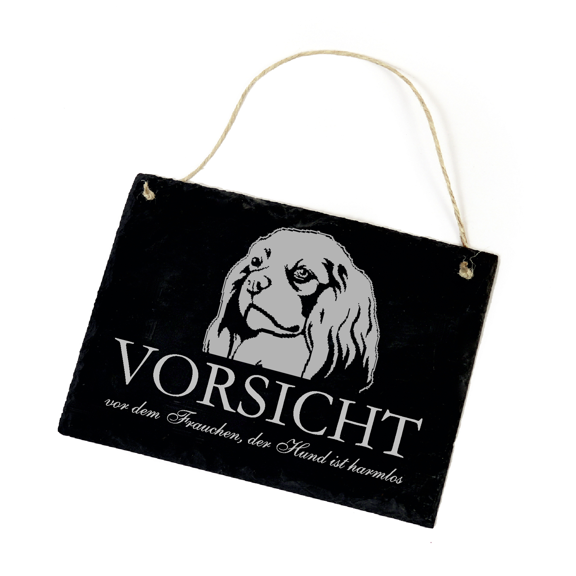 Hundeschild Cavalier King Charles Spaniel Schild aus Schiefer - Vorsicht vor dem Frauchen - 22cm x 1