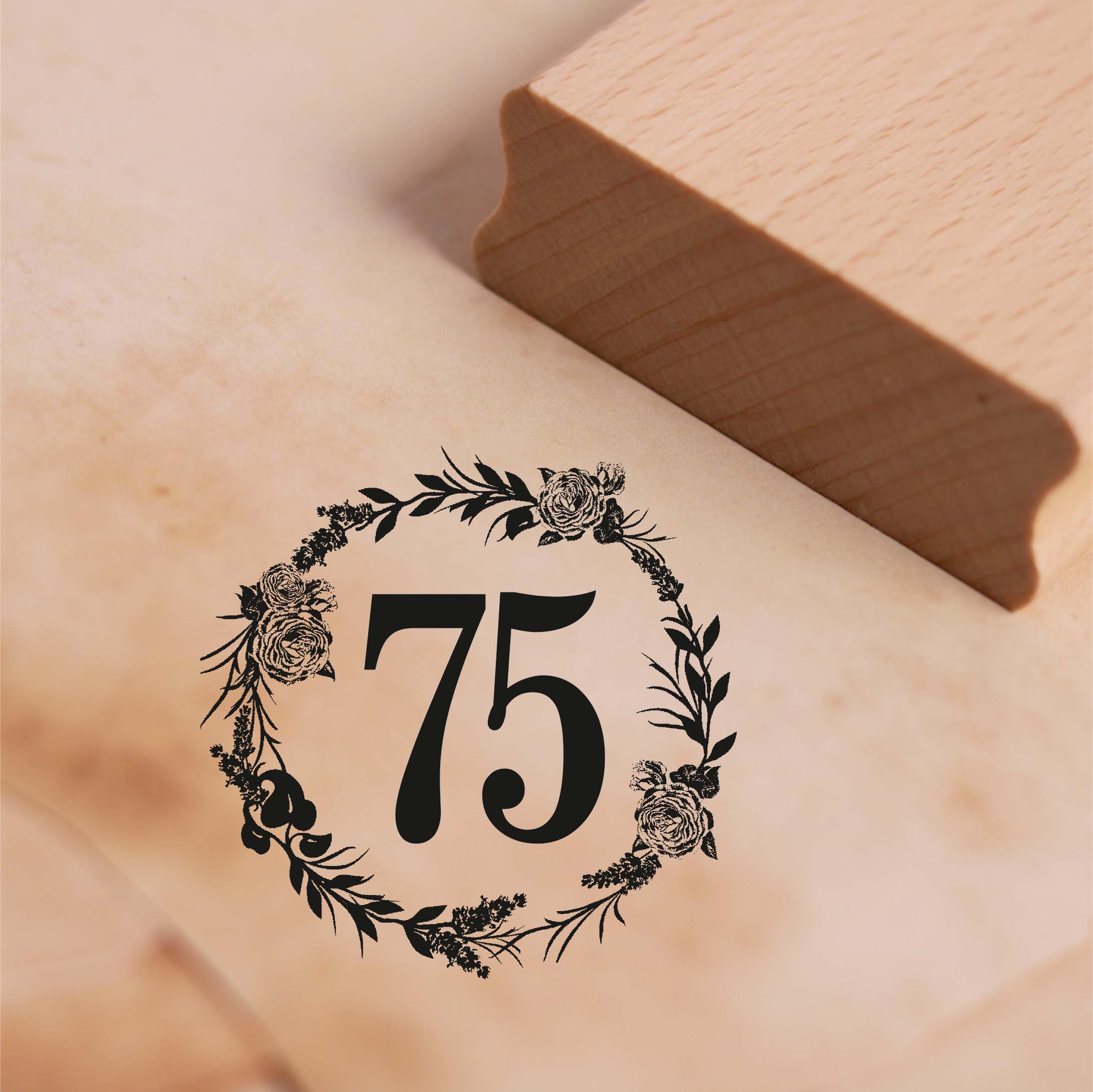 Motivstempel Jubiläum 75 Jahre Geburtstag Vintage Kranz Rosen Stempel 48 x 48 mm