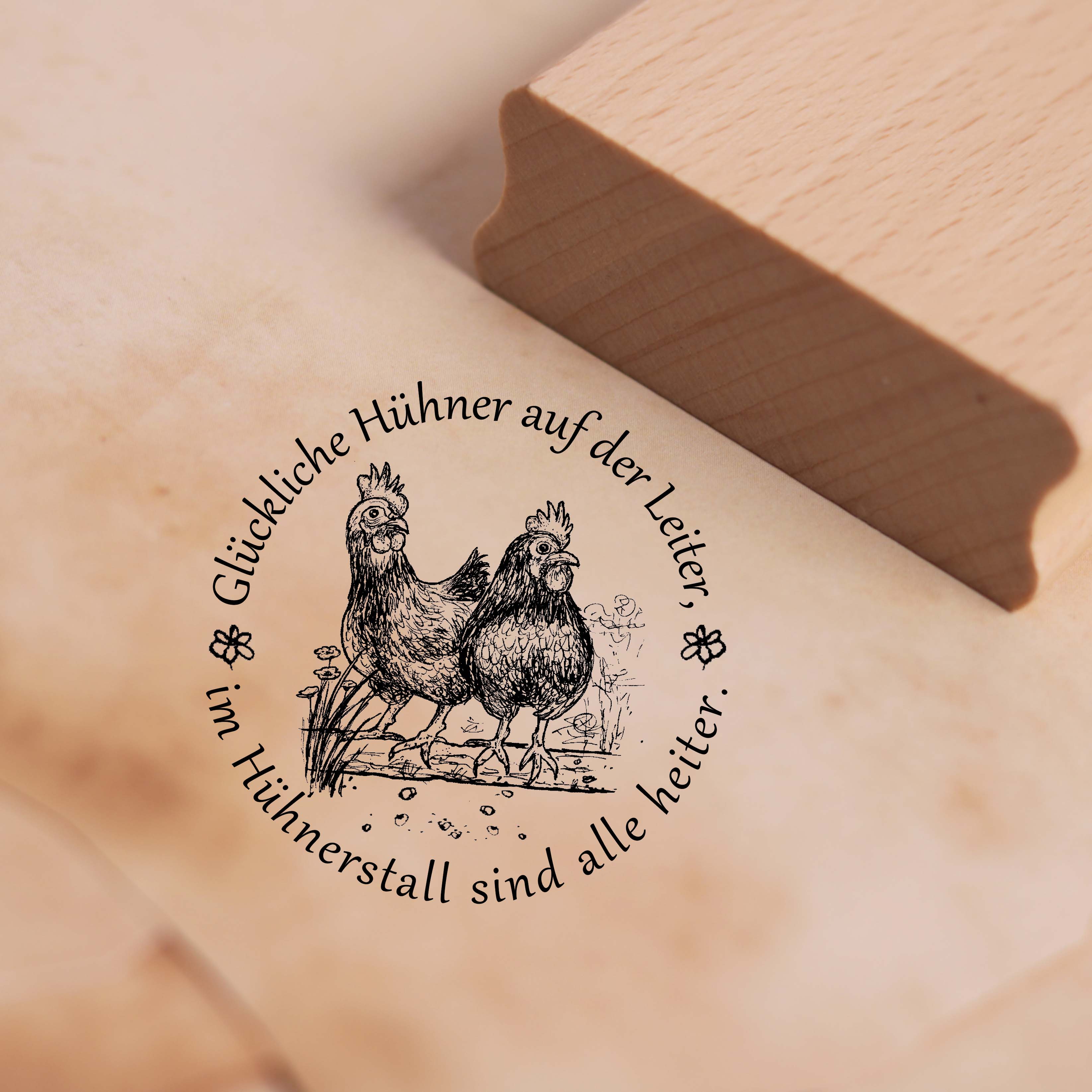 Motivstempel Glückliche Hühner auf der Leiter, im Hühnerstall sind alle heiter - Stempel Huhn Holzstempel 58 x 58 mm