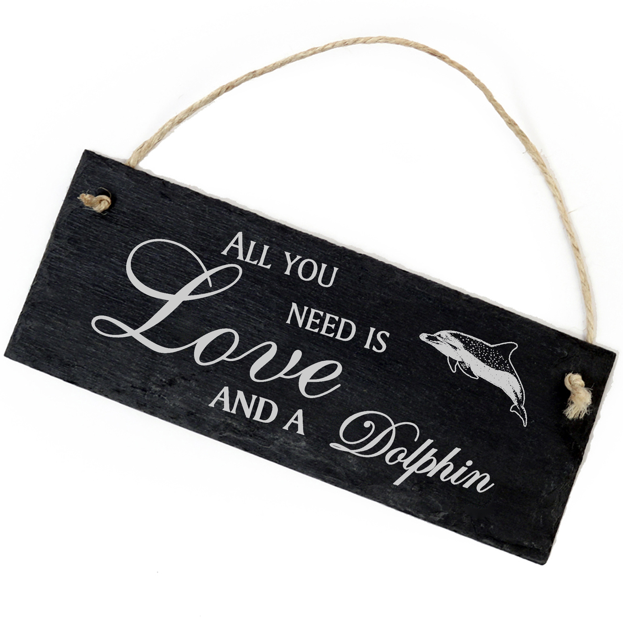 Schiefertafel Deko dunkler Delfin Schild 22 x 8 cm - All you need is Love and a Dolphin