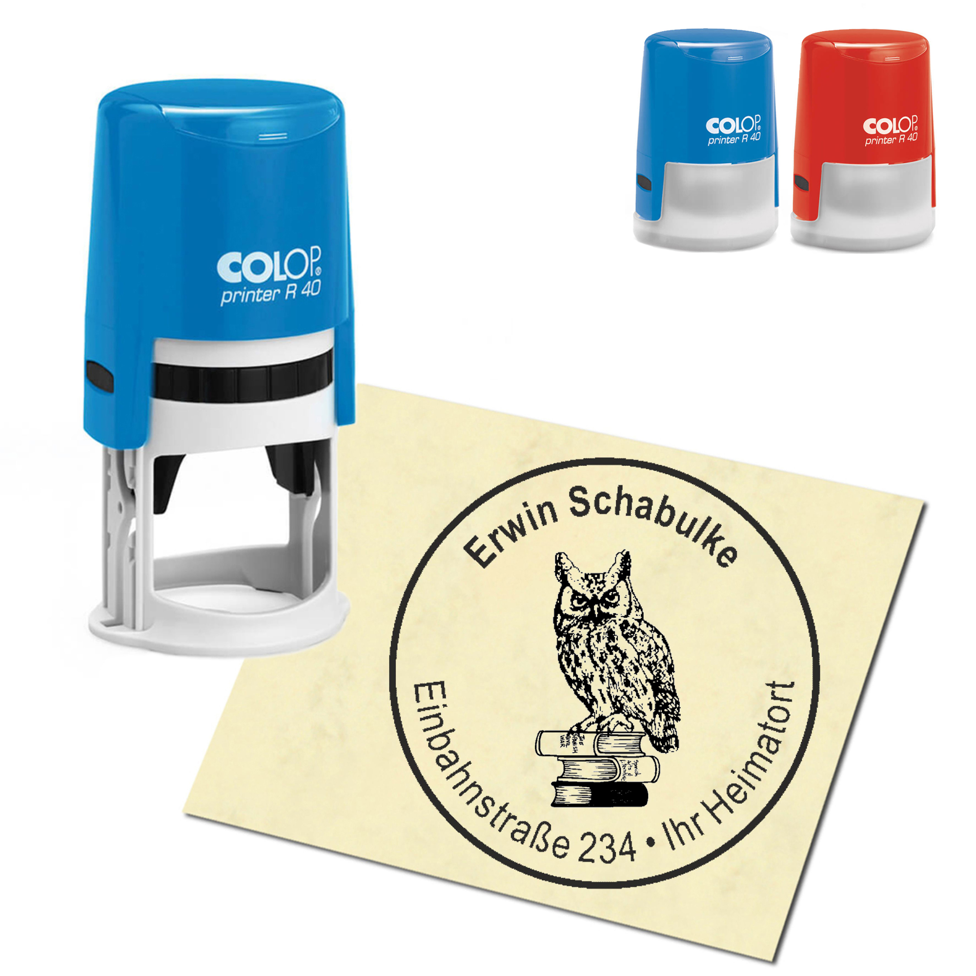 Stempel Adressstempel personalisiert - Eule auf Buch - rund &empty; 40mm
