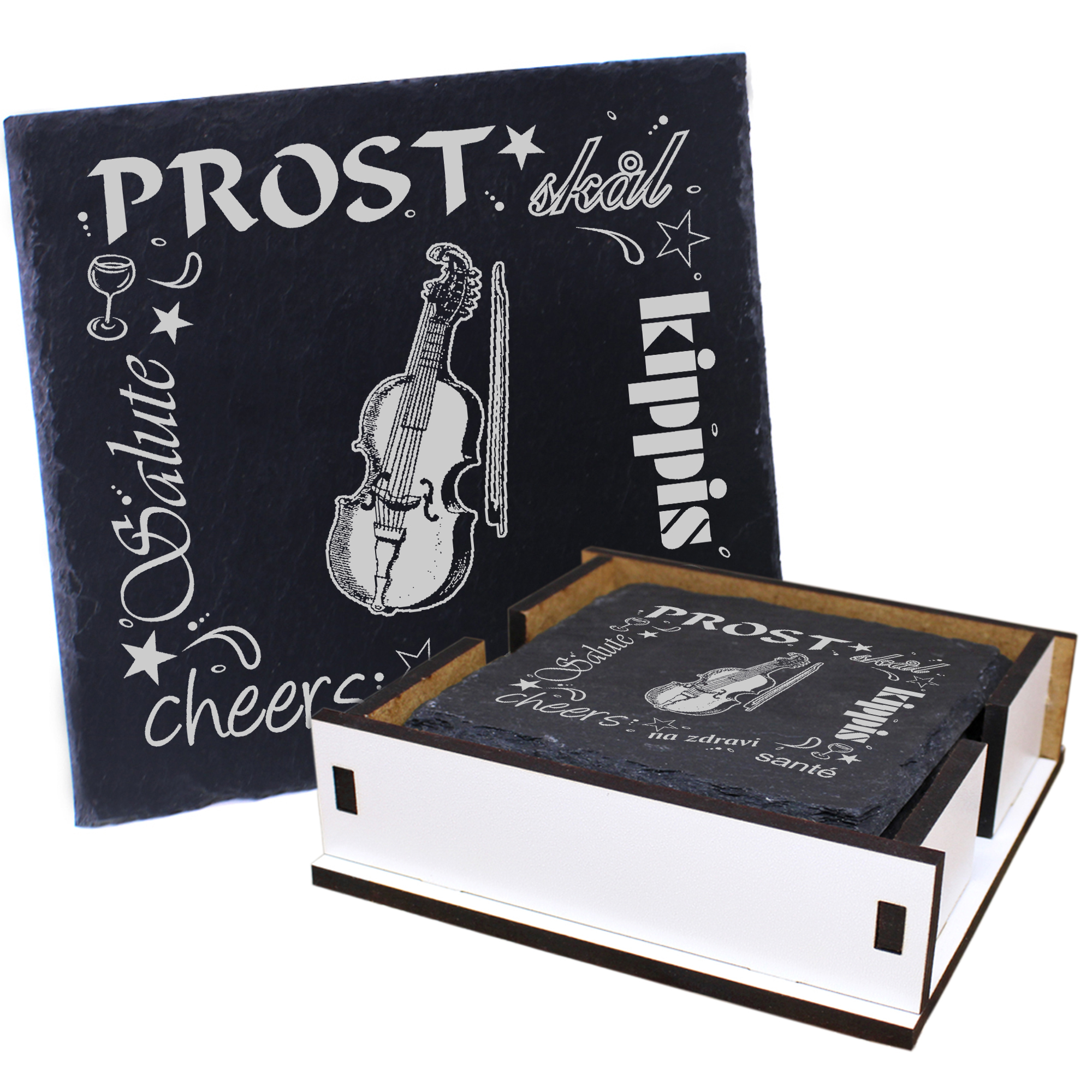 5 x Schiefer Untersetzer - Prost Geige - inkl. Holzbox & Flaschenuntersetzer