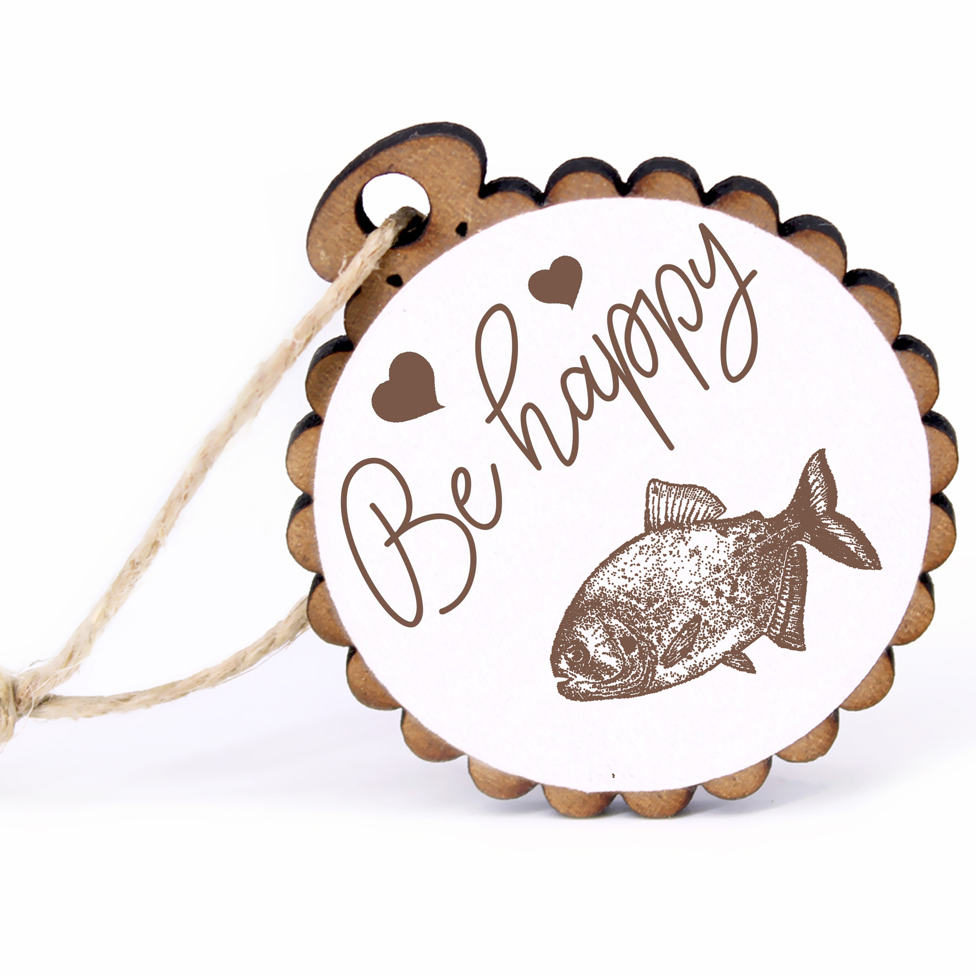 Geschenkanhänger - Be Happy Piranha -  Holz Ø-5cm - mit Juteband
