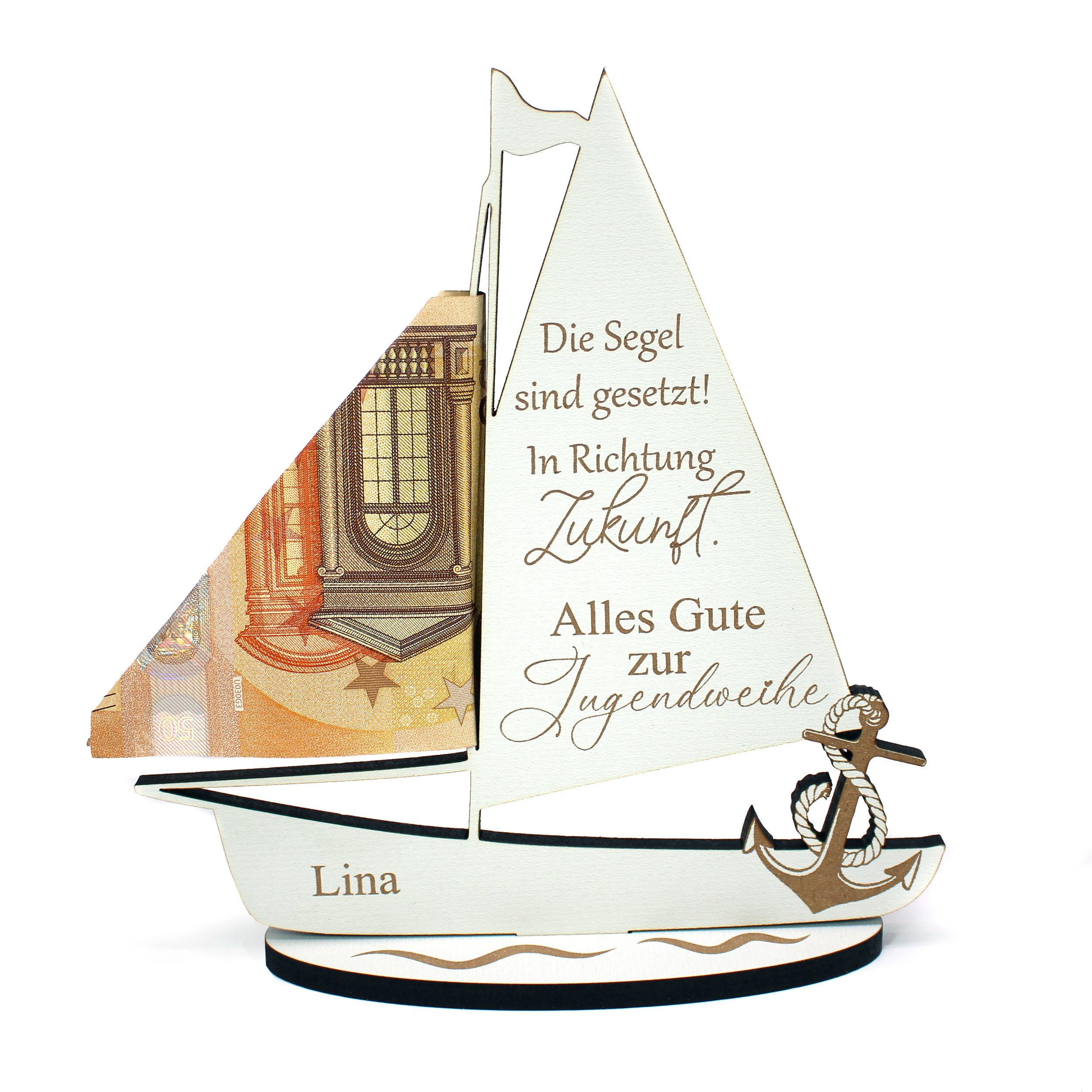 Geldgeschenk Jugendweihe personalisiert mit Name – Segelboot mit Spruch – Geschenk zur Jugendweihe Geschenkidee 14 x 15 cm