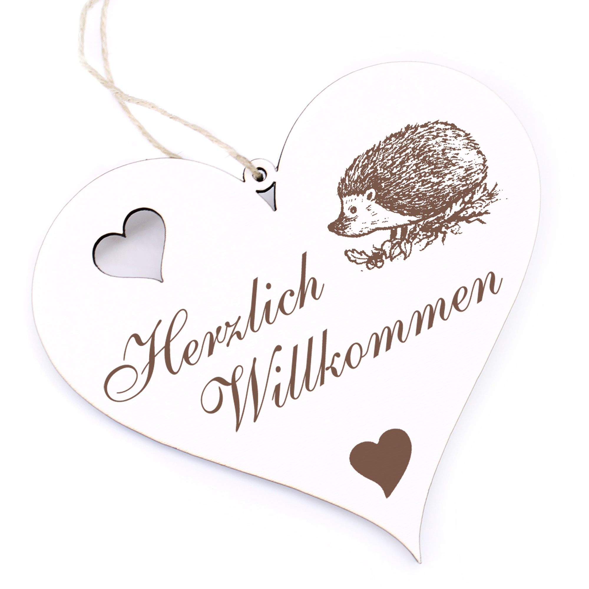 Herzlich Willkommen Schild - Igel auf Wiese - Deko Herz Holz