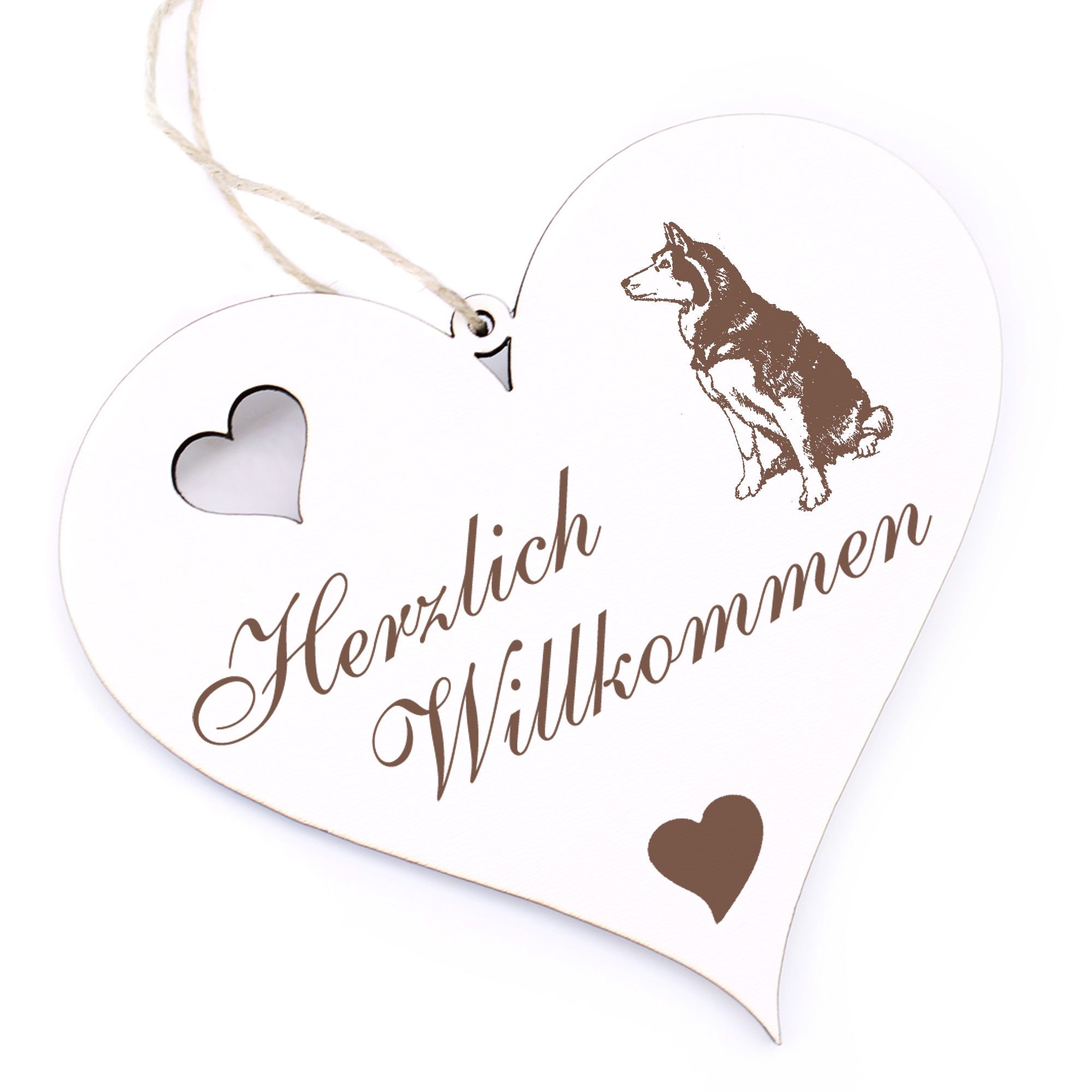 Herzlich Willkommen Schild - sitzender Siberian Husky - Deko Herz Holz