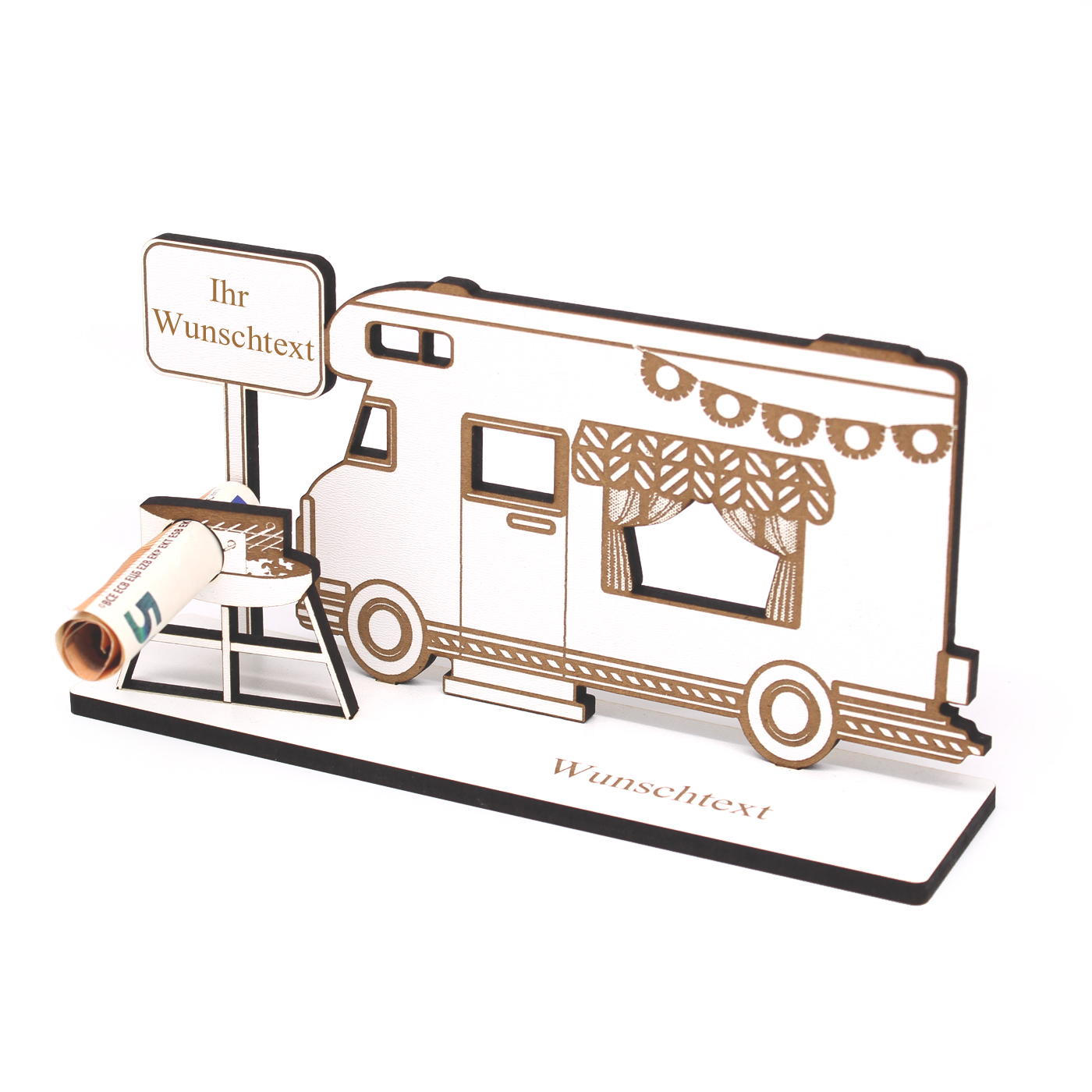 Geldgeschenk Wohnmobil mit Wunschtext - Schild für Geld Gutschein Urlaub ca. 20 x 10 cm