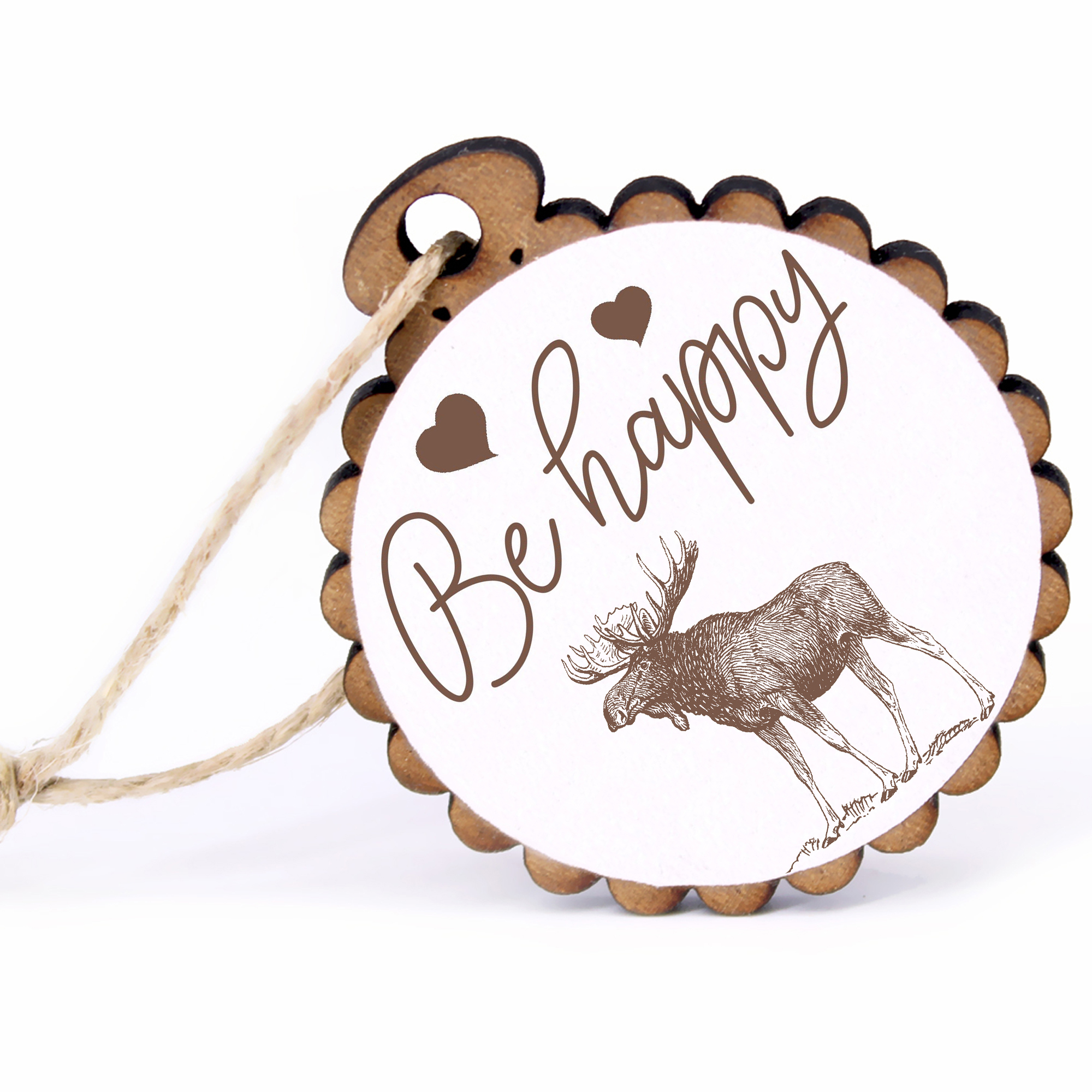 Geschenkanhänger - Be Happy Elch -  Holz Ø-5cm - mit Juteband