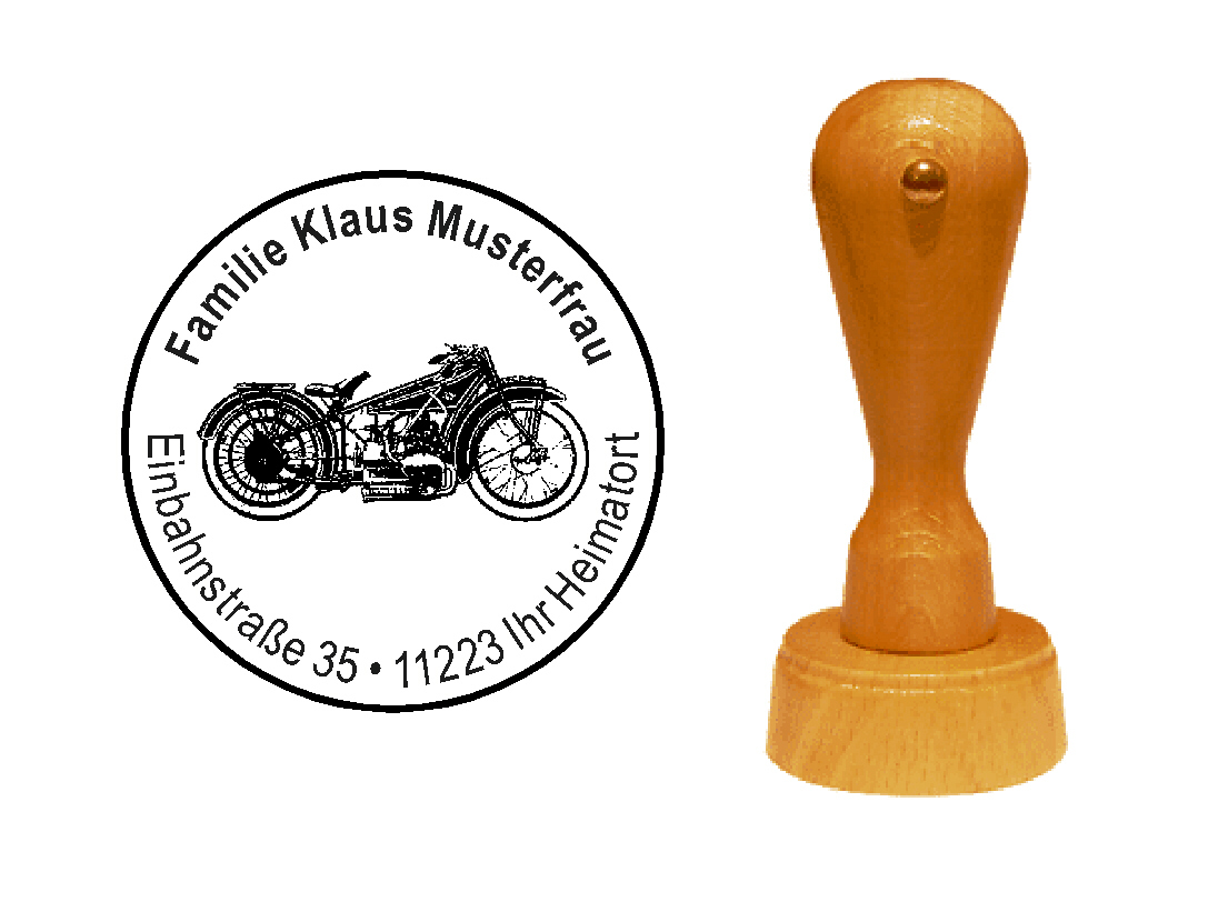 « Motorrad 9 » Holzstempel mit persönlichem Wunschtext