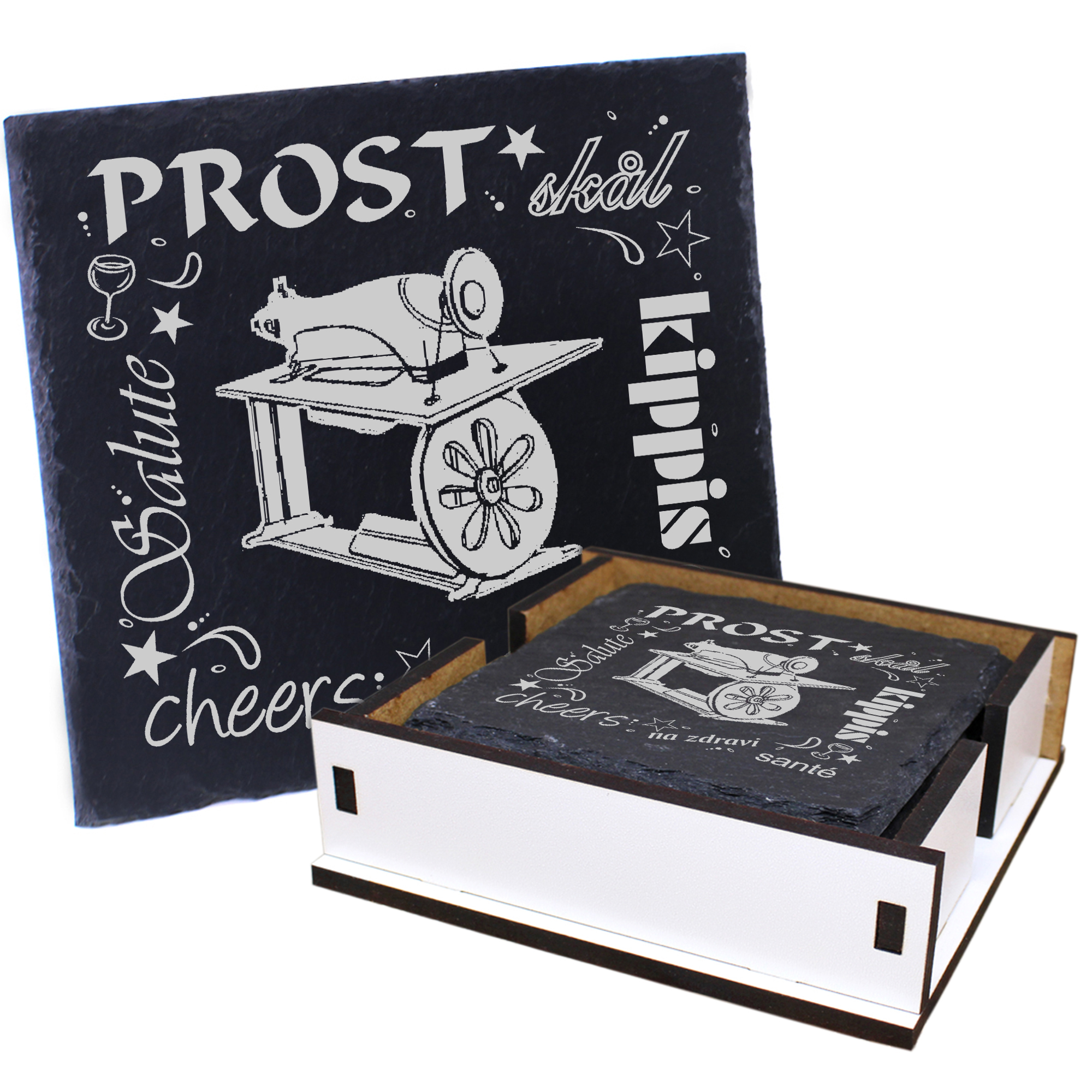 5 x Schiefer Untersetzer - Prost alte Nähmaschine - inkl. Holzbox & Flaschenuntersetzer