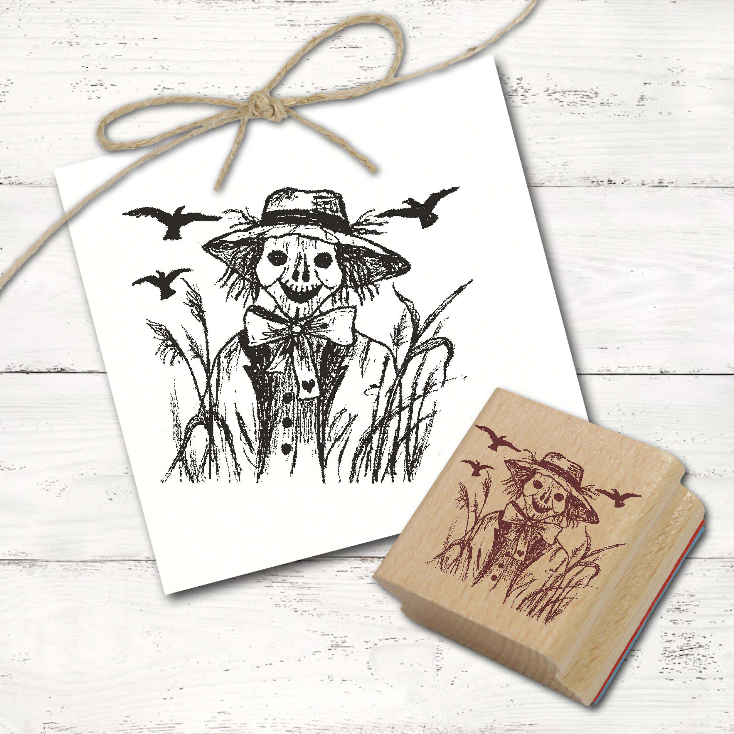 Motivstempel Vogelscheuche und 3 Krähen - Stempel Herbst Holzstempel 68 mm x 58 mm