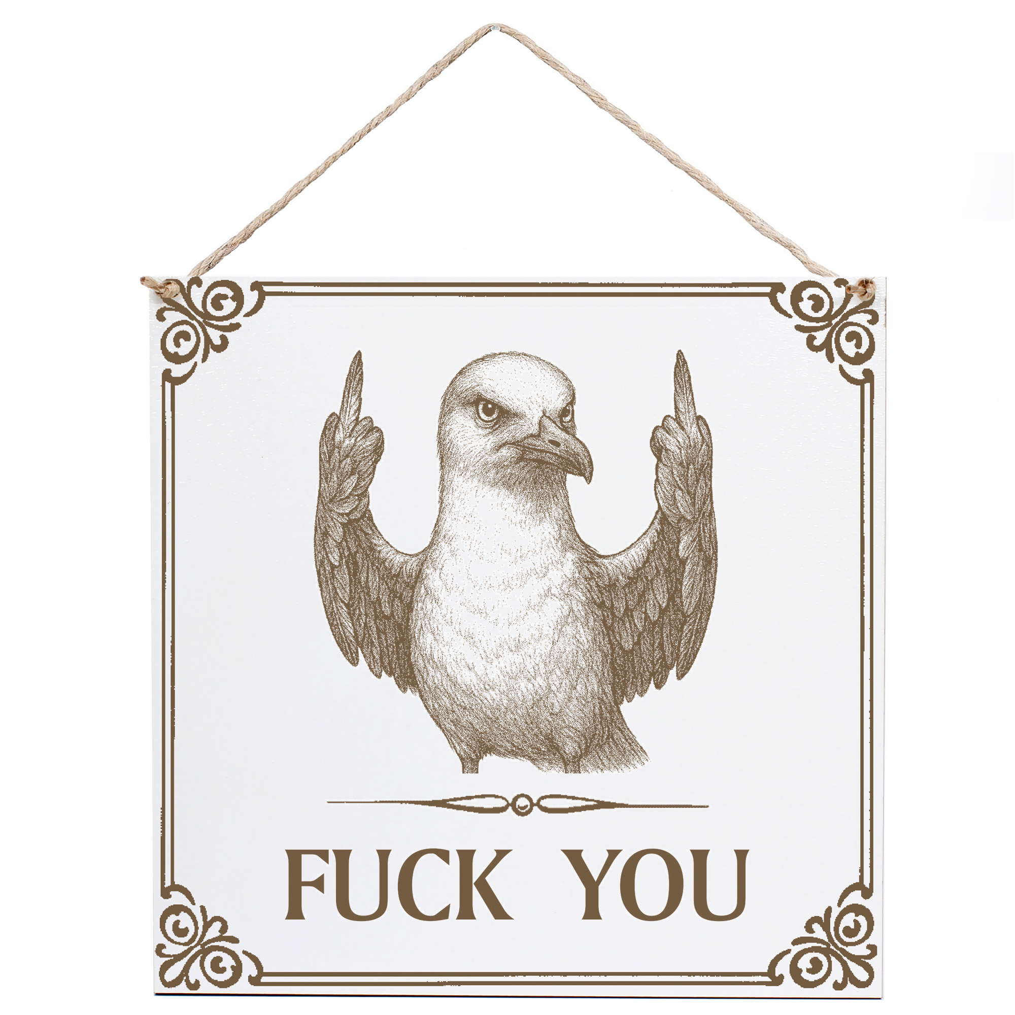 Möwe Wandschild „Fuck You“ – Weißes HDF-Dekoschild 15×15 cm (auch 20×20 cm)