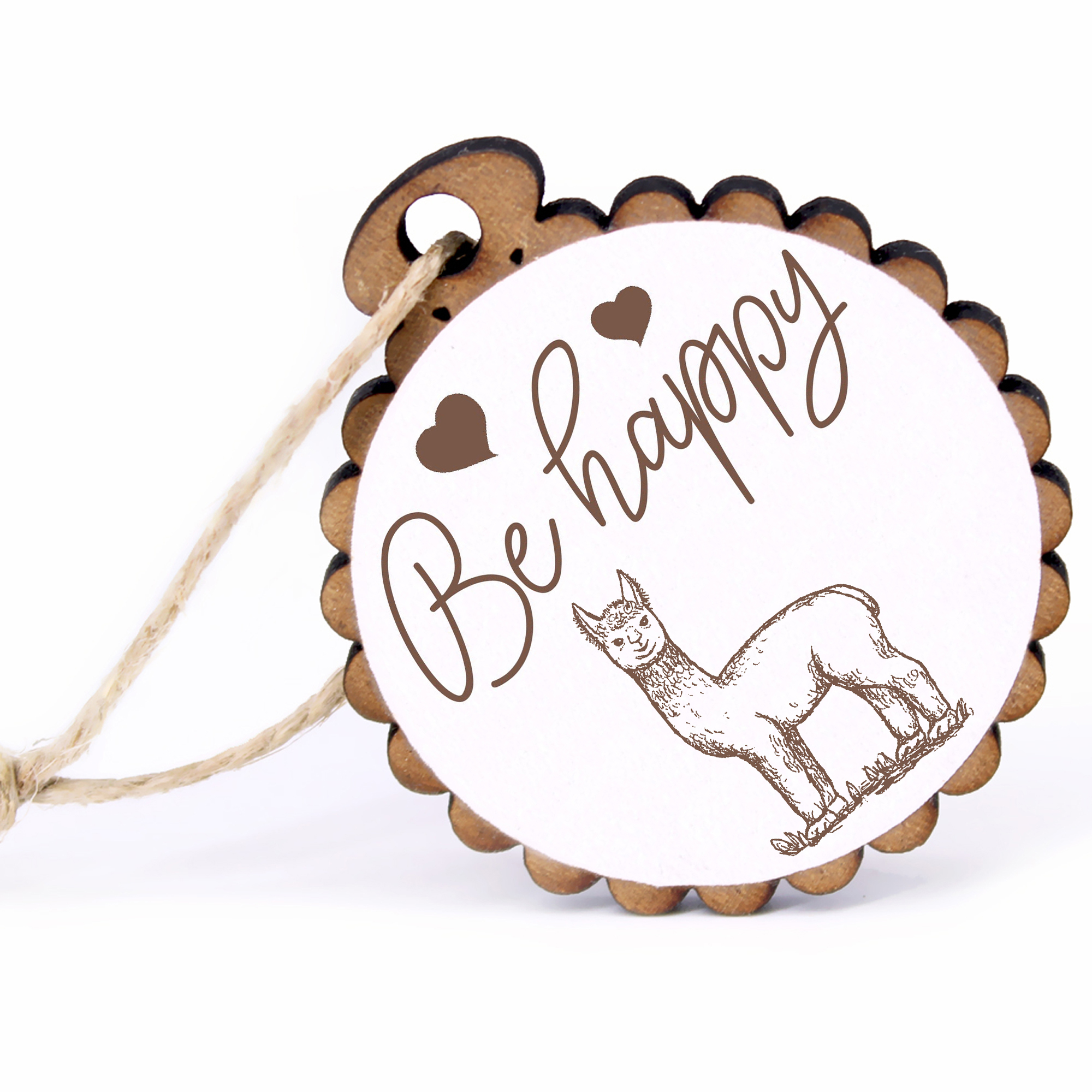 Geschenkanhänger - Be Happy Alpaka -  Holz Ø-5cm - mit Juteband